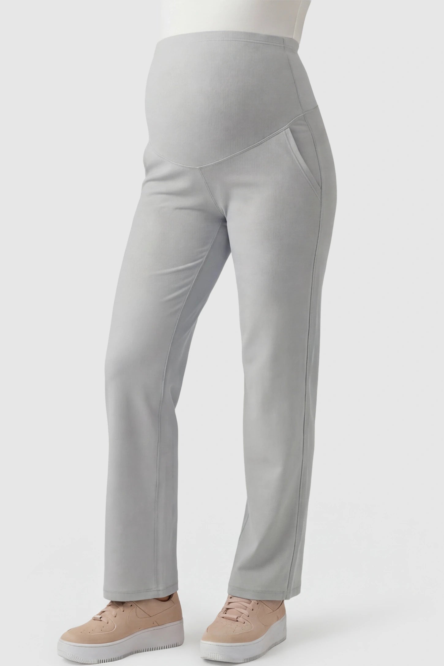 High-Waisted Straight-Leg Maternity Pants High Waisted Straight-Leg Maternity Pants in Grandma Gray featuring over-the-belly support and standard length fit on pregnant model front view.