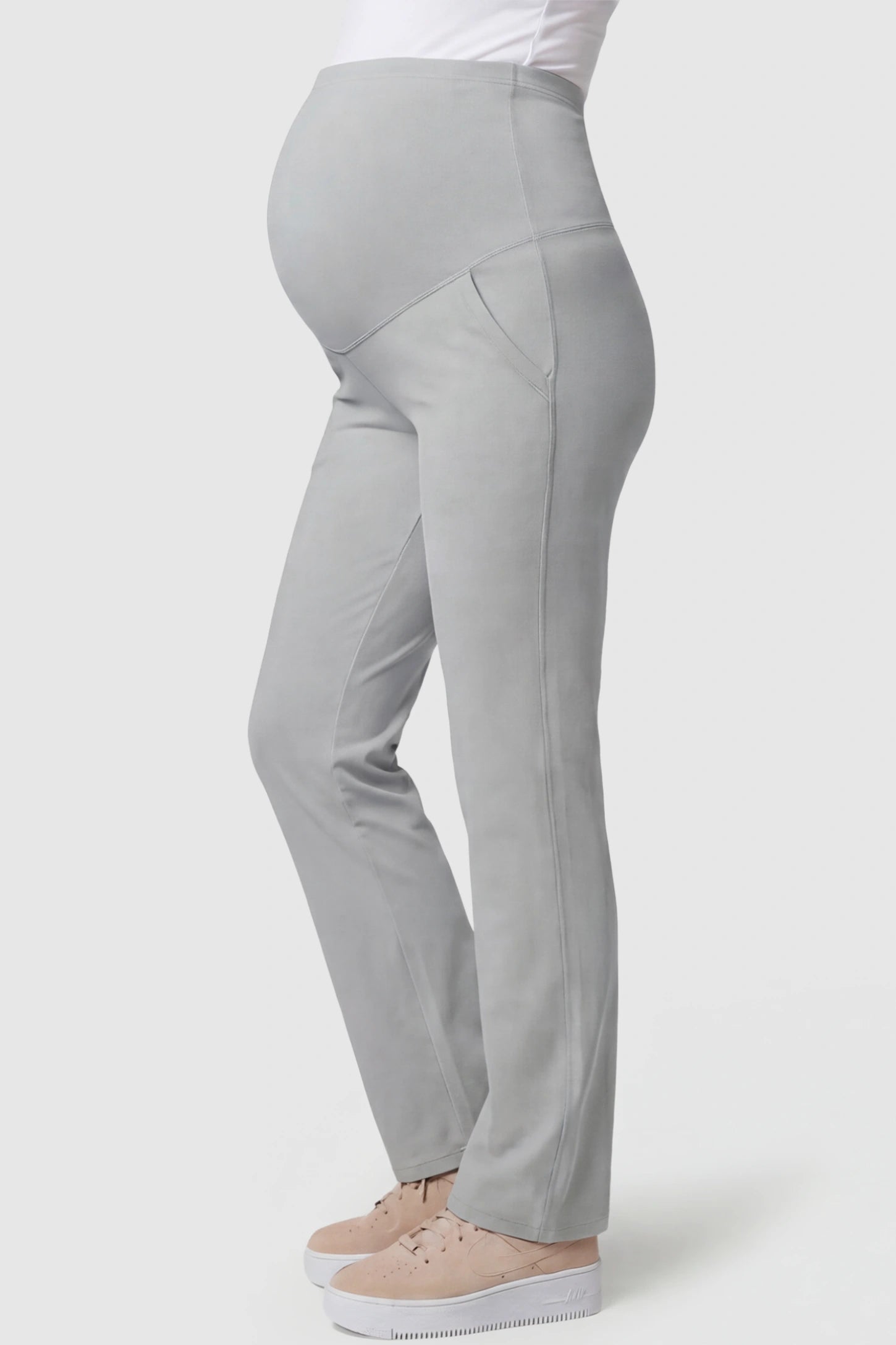 High-Waisted Straight-Leg Maternity Pants High Waisted Straight-Leg Maternity Pants in Grandma Gray featuring over-the-belly support and standard length fit on pregnant model side view.