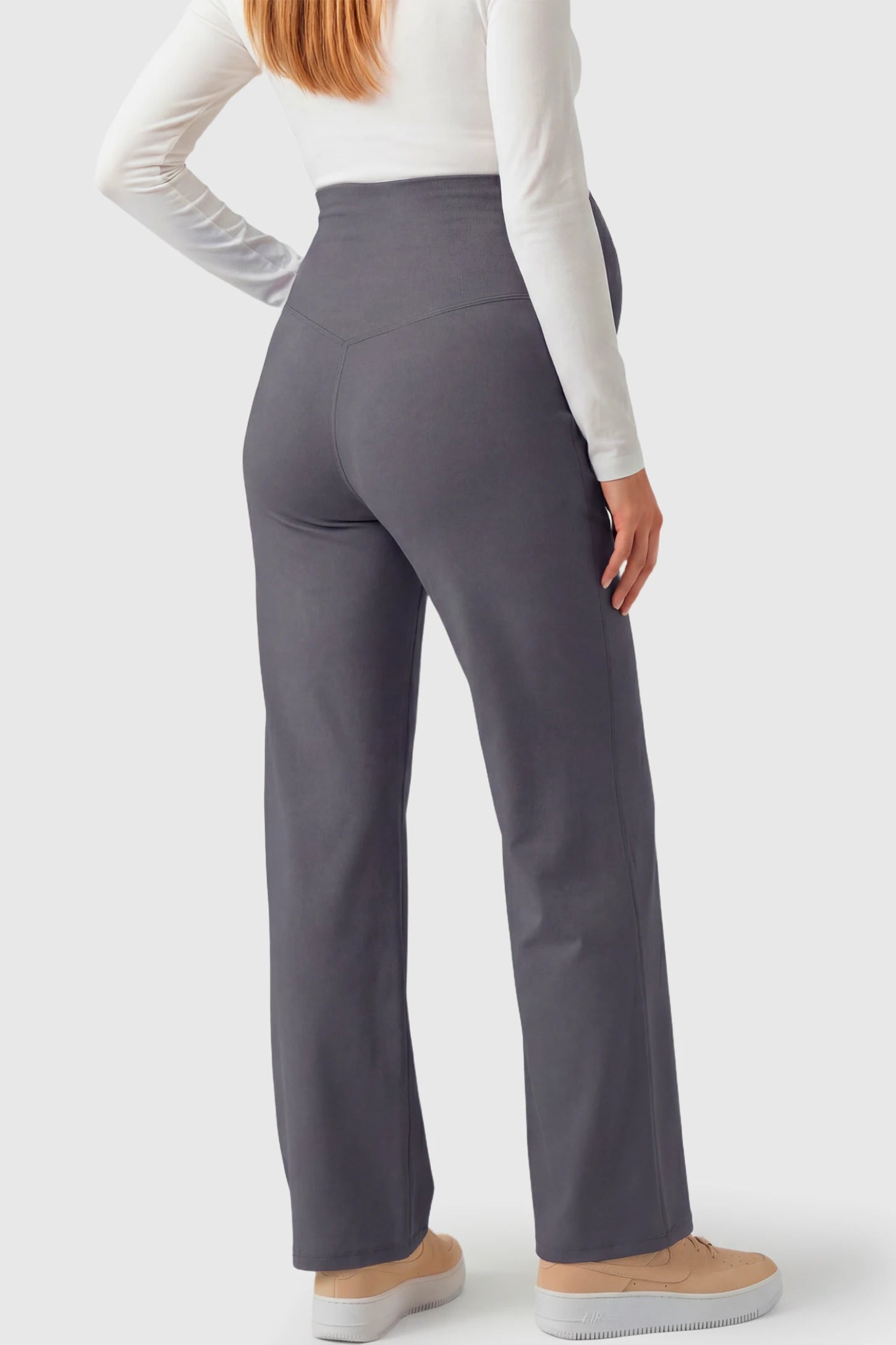 High-Waisted Straight-Leg Maternity Pants High Waisted Straight-Leg Maternity Pants in gray featuring over-the-belly support and standard length fit on pregnant model.