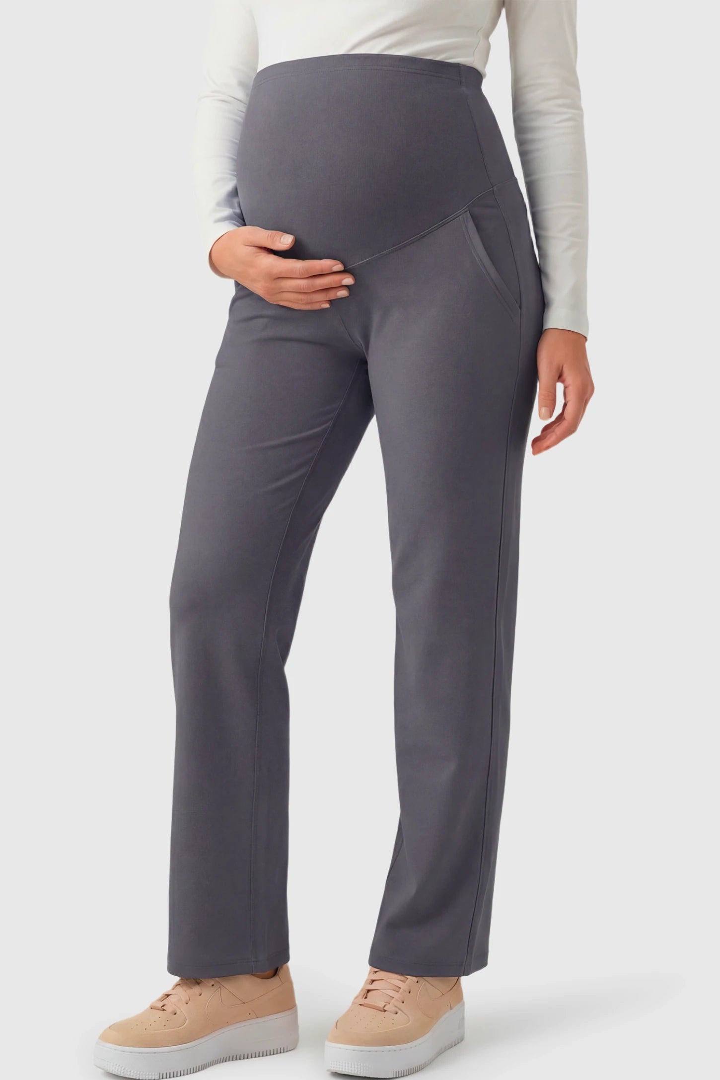 High-Waisted Straight-Leg Maternity Pants High Waisted Straight-Leg Maternity Pants in gray featuring over-the-belly support and standard length fit on pregnant model.
