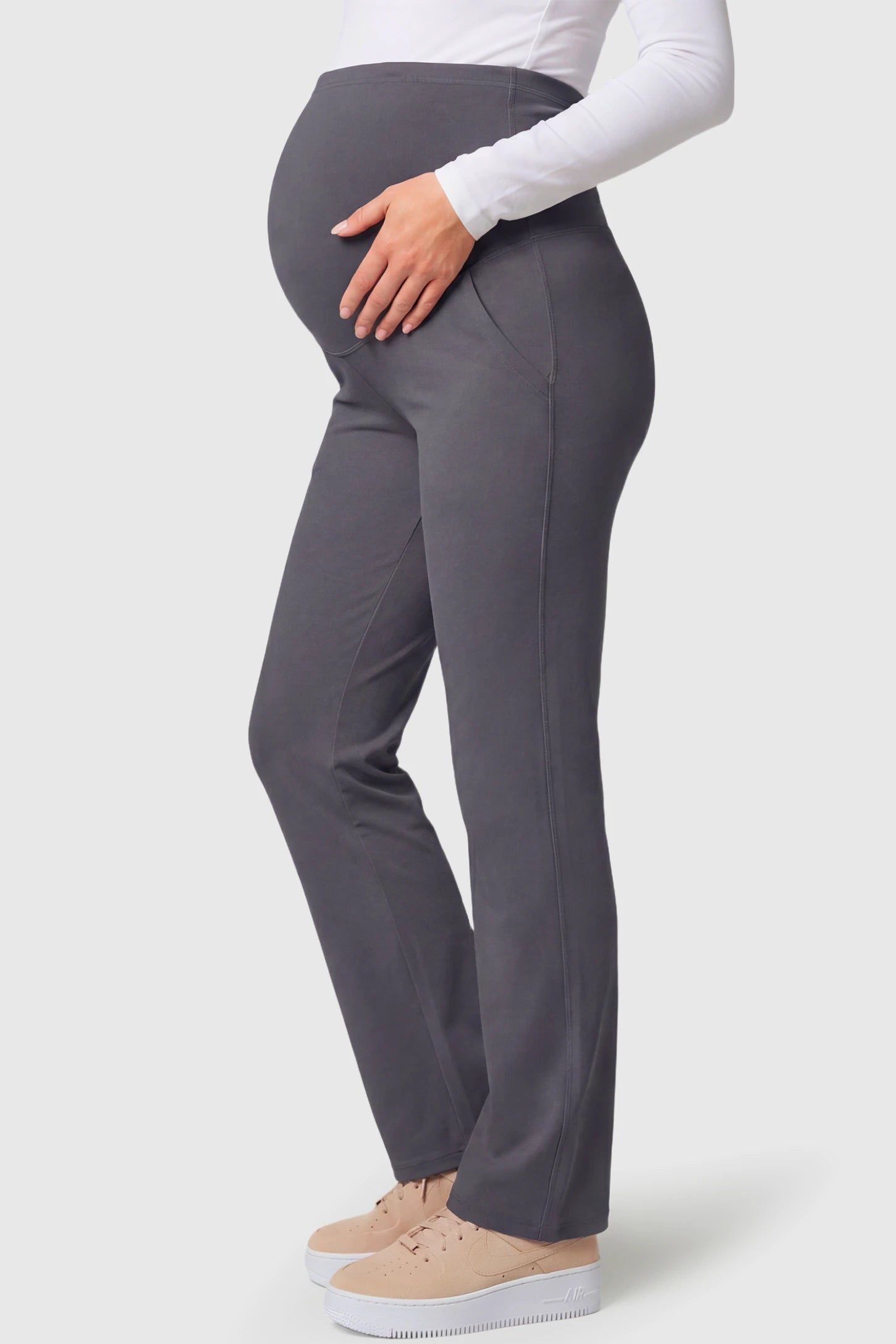 High-Waisted Straight-Leg Maternity Pants High Waisted Straight-Leg Maternity Pants in gray featuring over-the-belly support and standard length fit on pregnant model.