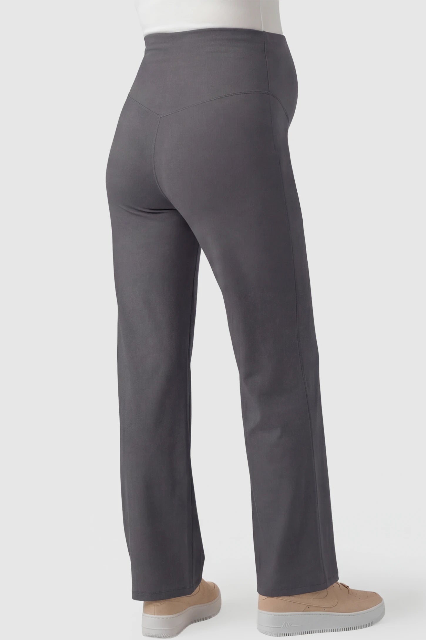 High-Waisted Straight-Leg Maternity Pants High Waisted Straight-Leg Maternity Pants in gray featuring over-the-belly support and standard length fit on pregnant model back view.