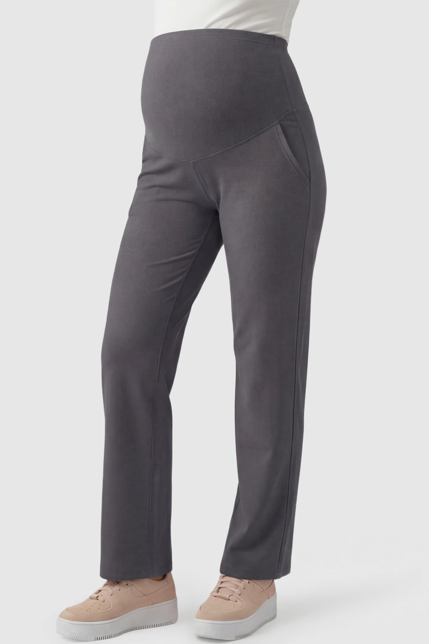 High-Waisted Straight-Leg Maternity Pants High Waisted Straight-Leg Maternity Pants in gray featuring over-the-belly support and standard length fit on pregnant model front view.