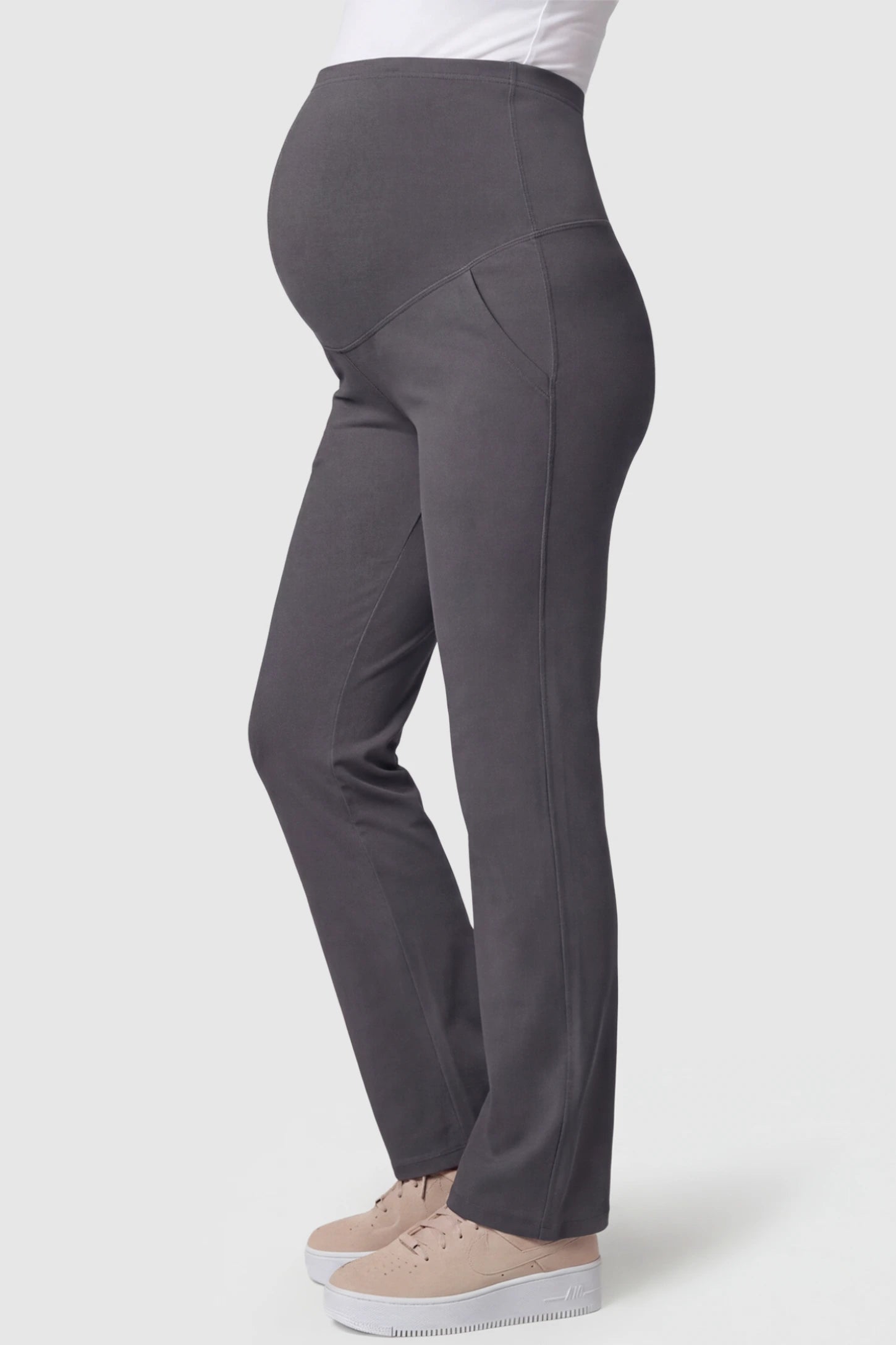 High-Waisted Straight-Leg Maternity Pants High Waisted Straight-Leg Maternity Pants in gray featuring over-the-belly support and standard length fit on pregnant model side view.