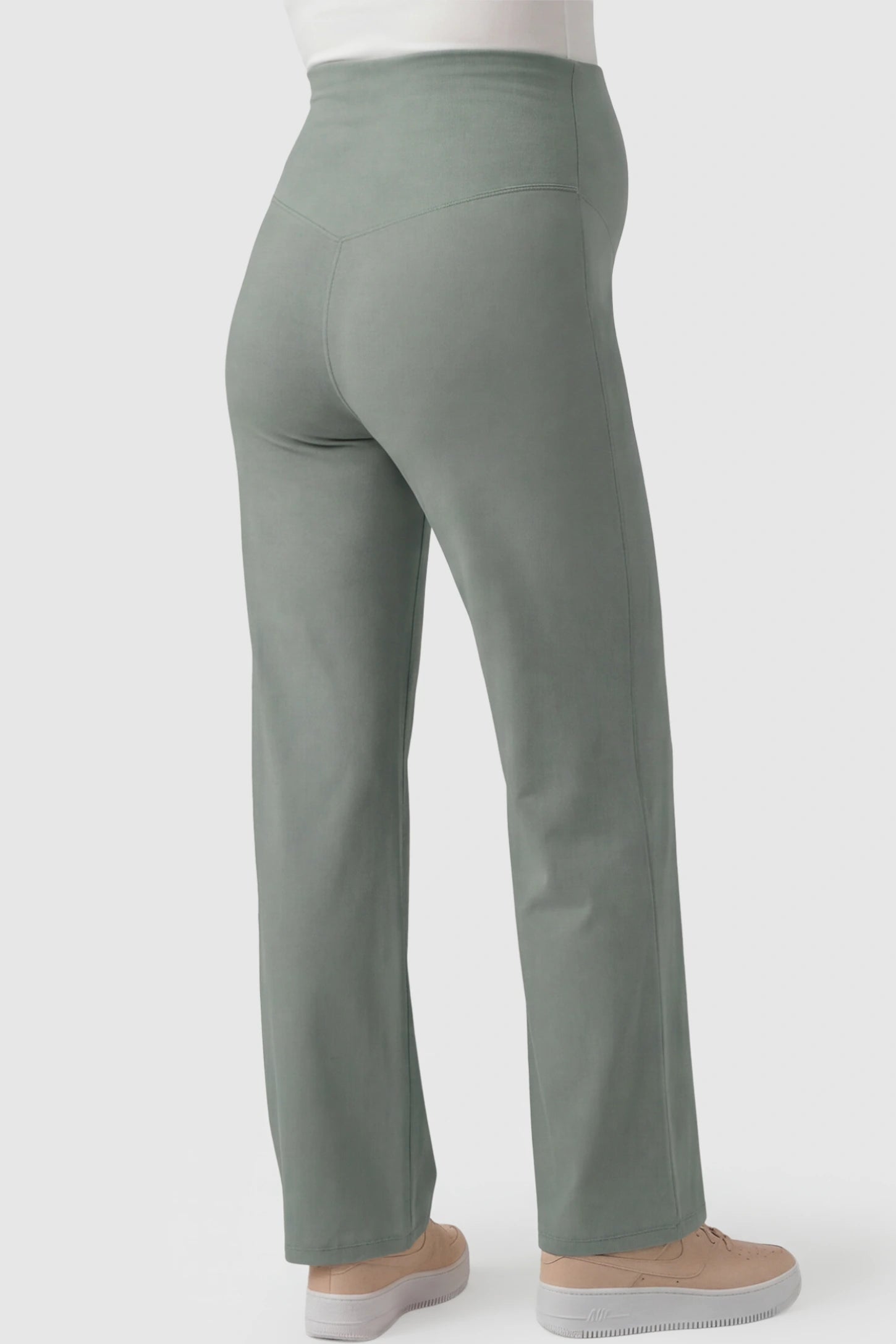 High-Waisted Straight-Leg Maternity Pants High Waisted Straight-Leg Maternity Pants in greyish green featuring over-the-belly support and standard length fit on pregnant model back view.