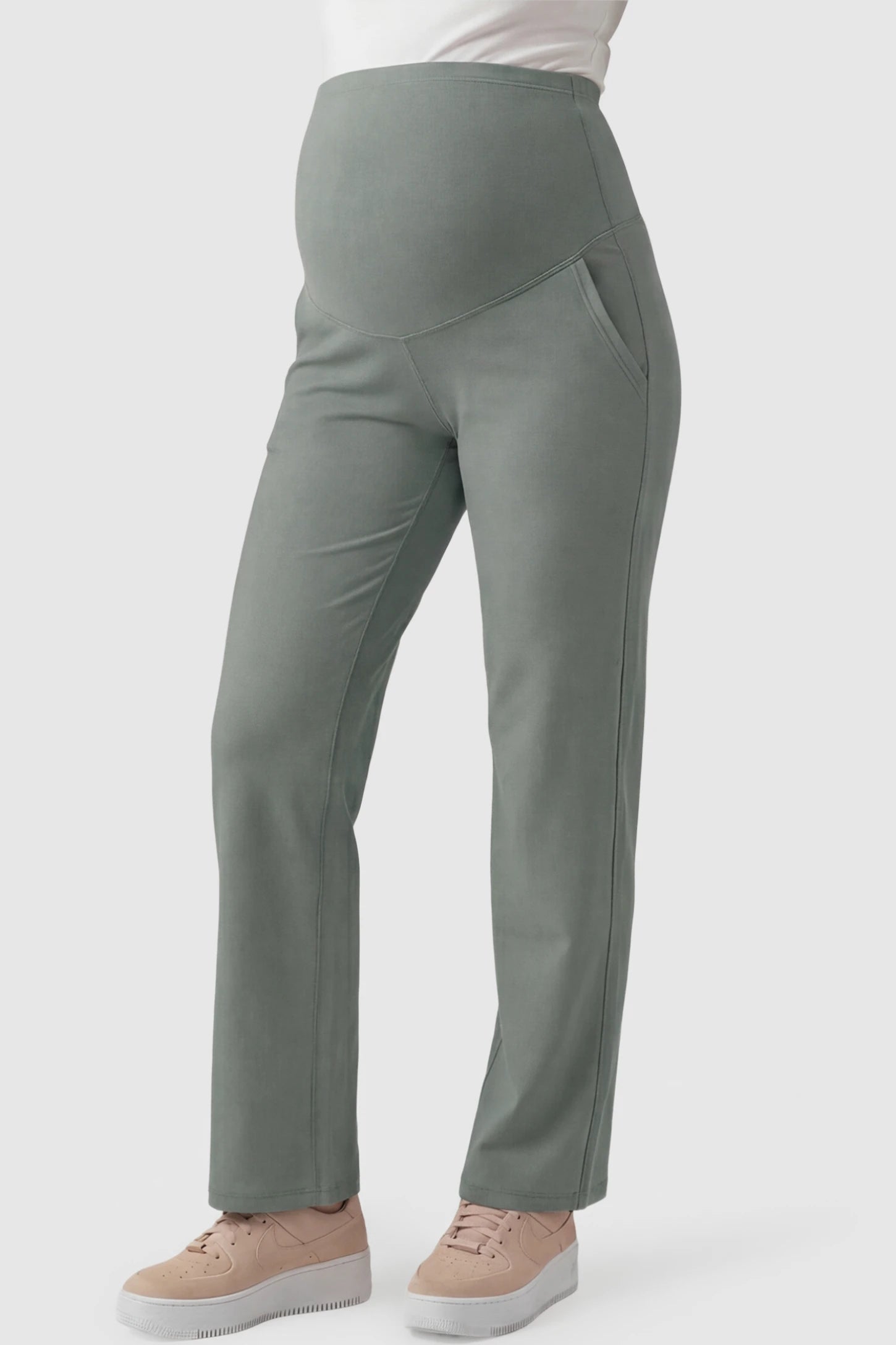 High-Waisted Straight-Leg Maternity Pants High Waisted Straight-Leg Maternity Pants in greyish green featuring over-the-belly support and standard length fit on pregnant model front view.