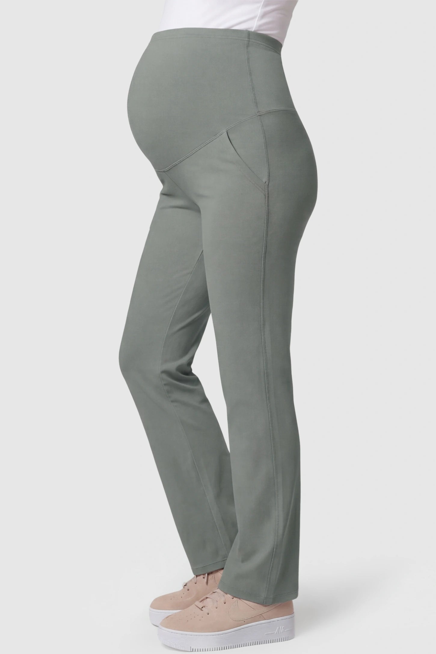 High-Waisted Straight-Leg Maternity Pants High Waisted Straight-Leg Maternity Pants in greyish green featuring over-the-belly support and standard length fit on pregnant model side view.
