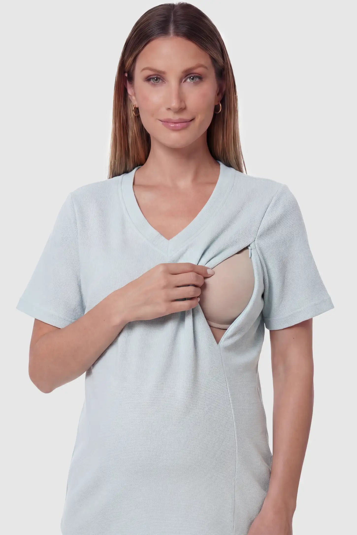 Soft Stretch Short Sleeve Maternity & Nursing Lounge Set Soft Stretch Short Sleeve Maternity & Nursing Lounge Set in light blue featuring V-neck top, and discreet nursing on pregnant model.
