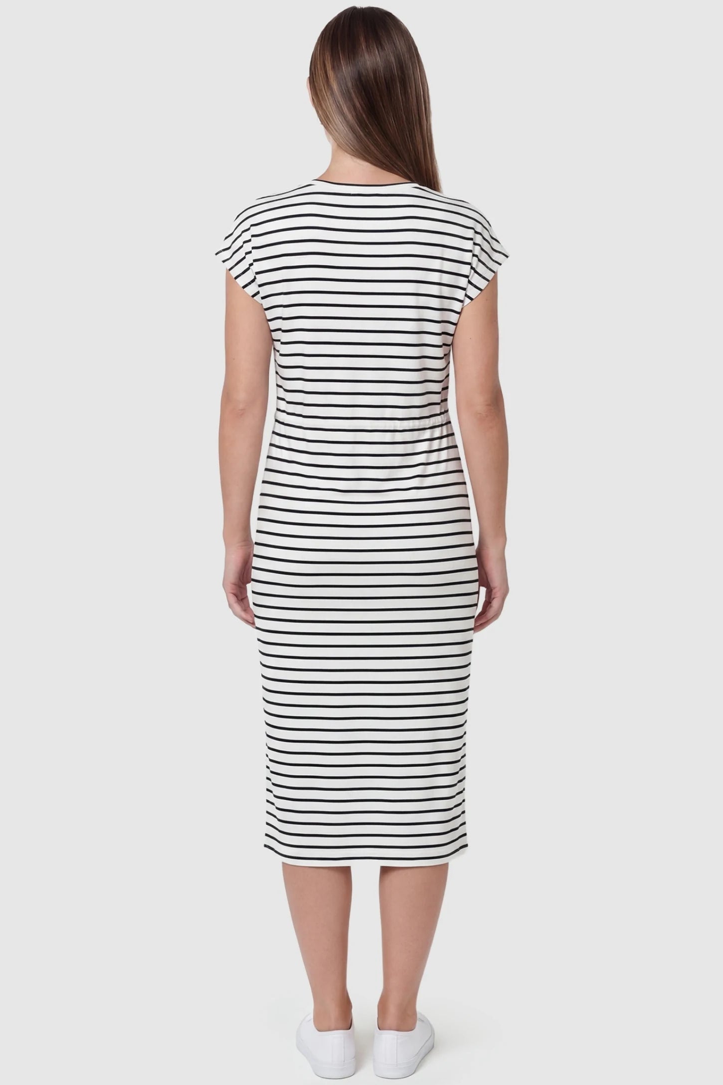 Striped Batwing Sleeve Maternity Dress Striped Batwing Sleeve Maternity Dress in black and white stripes featuring a longline silhouette on the back of a non-pregnant model.