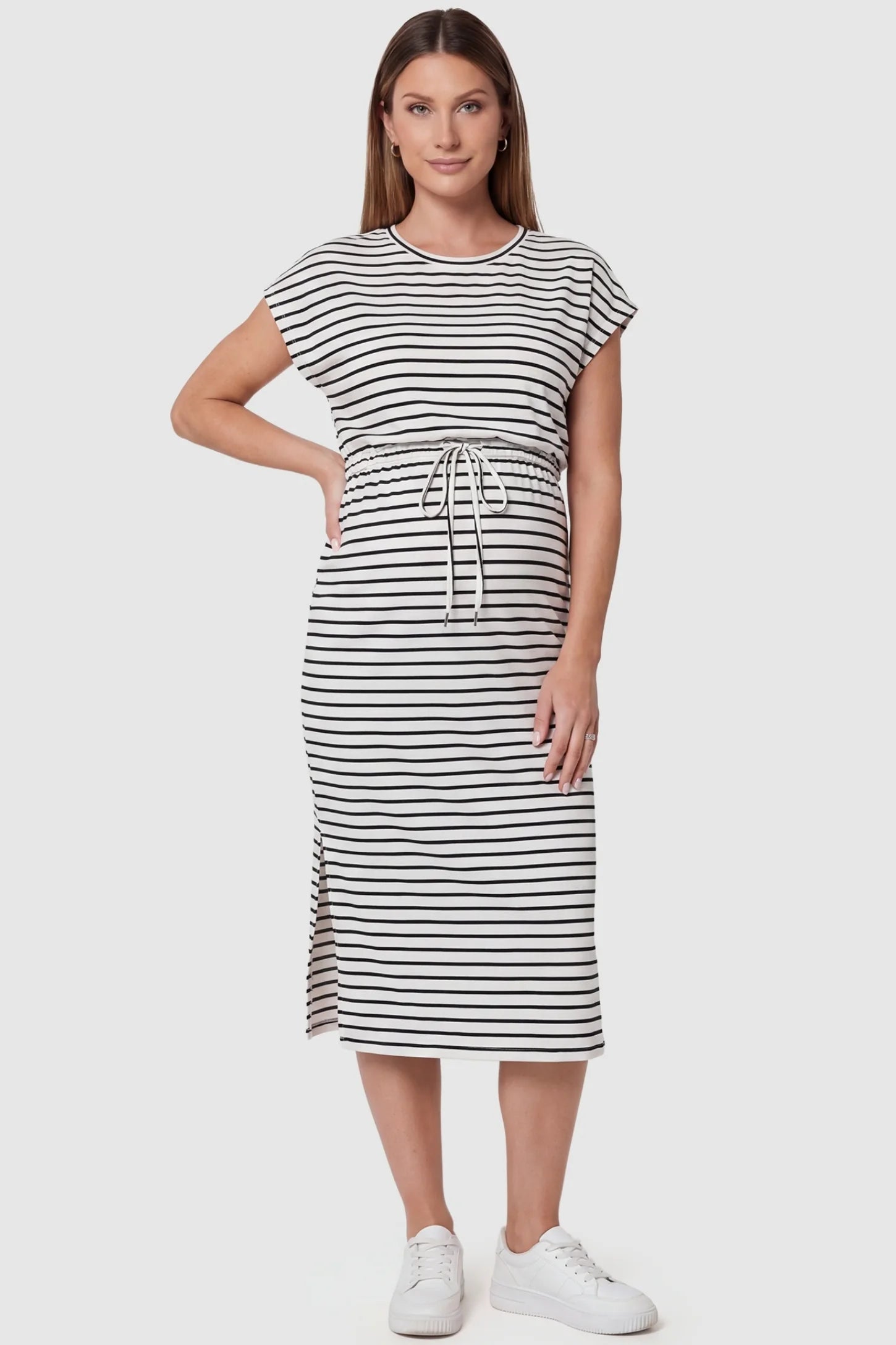 Striped Batwing Sleeve Maternity Dress in black and white stripes featuring a drawstring waist on a front-facing pregnant model.