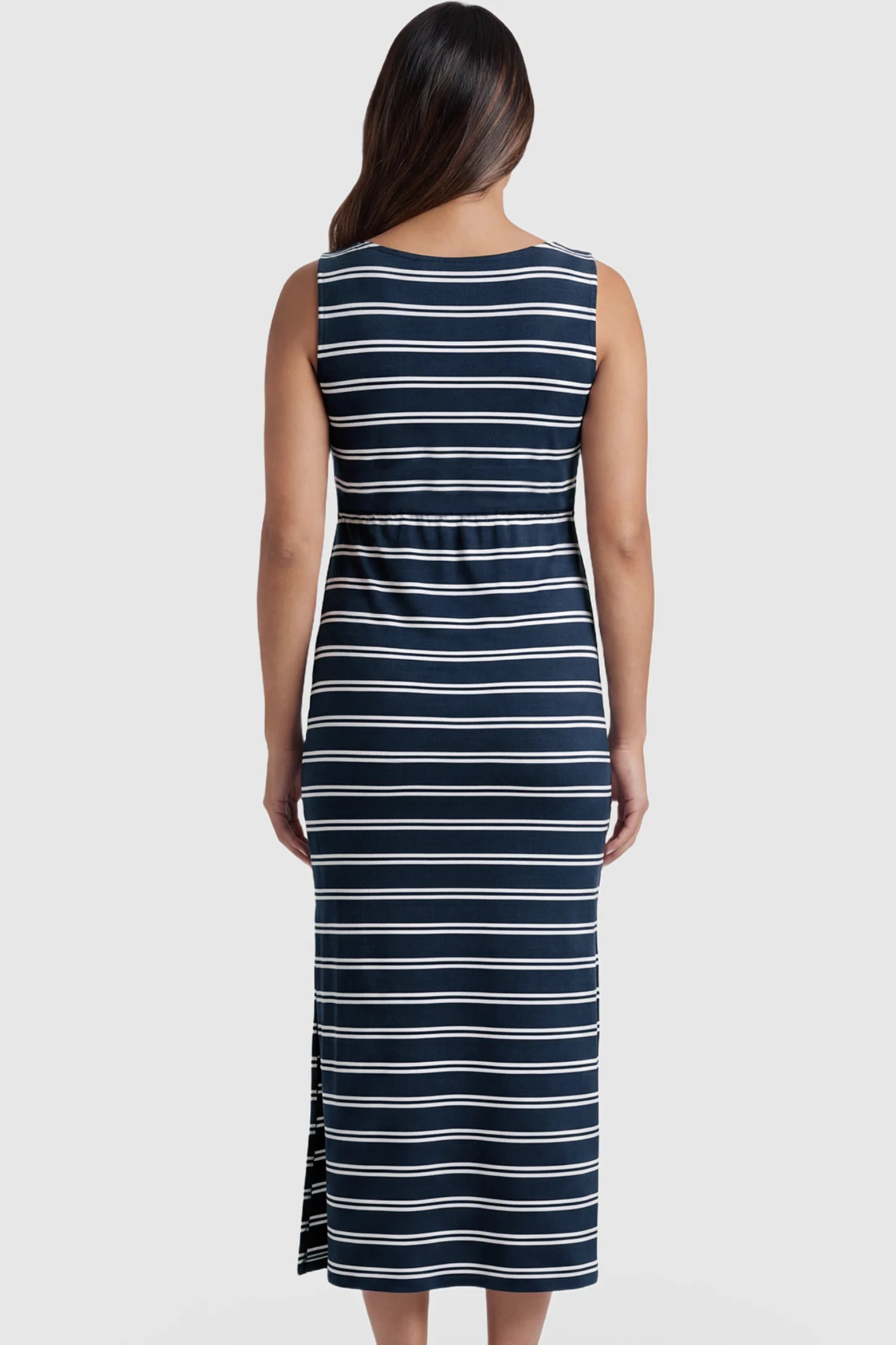 Sleeveless Scoop Neck Maternity & Nursing Midi Dress Sleeveless Scoop Neck Maternity & Nursing Midi Dress in dark blue stripes with classic stripes, back view on pregnant model