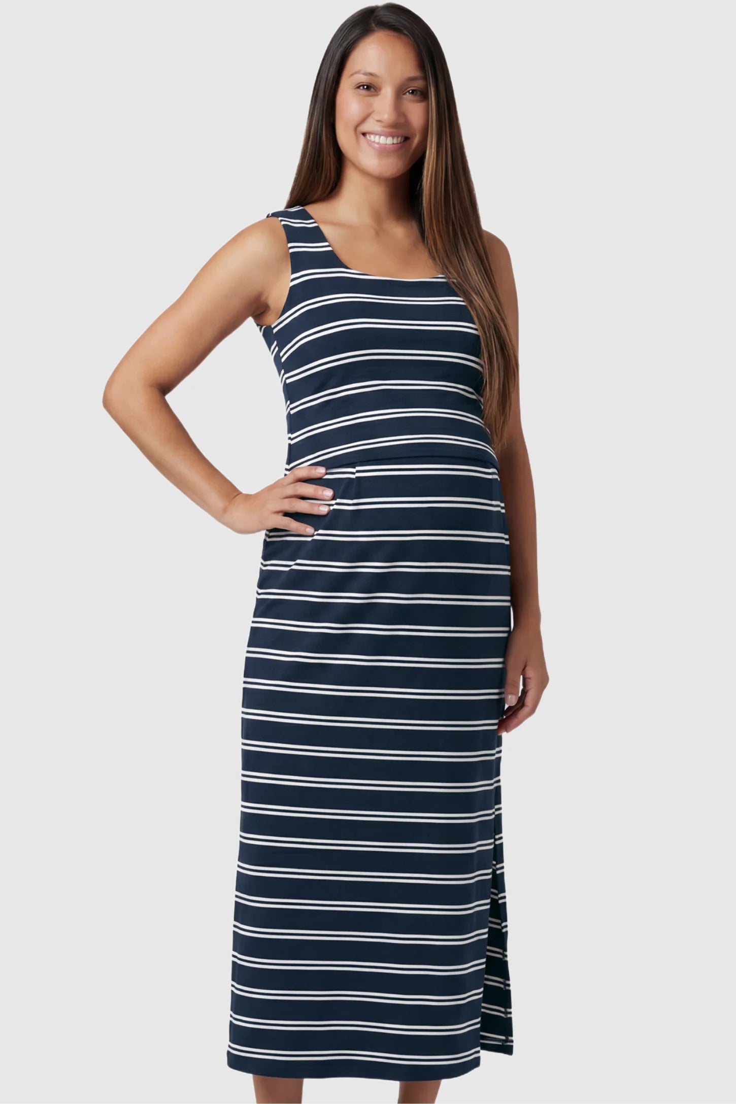Sleeveless Scoop Neck Maternity & Nursing Midi Dress in dark blue stripes with classic stripes, front view on pregnant model