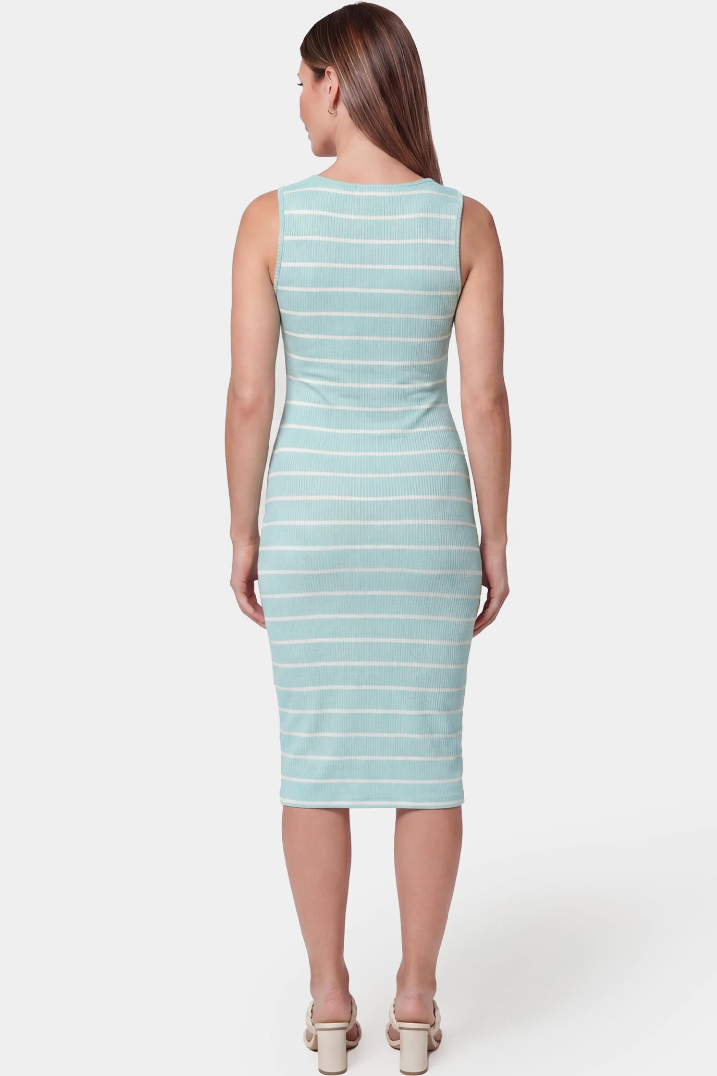 Striped Sleeveless Crew Neck Midi Maternity Dress Striped sleeveless crew neck midi maternity dress in green featuring flowing fit in back view on a pregnant model