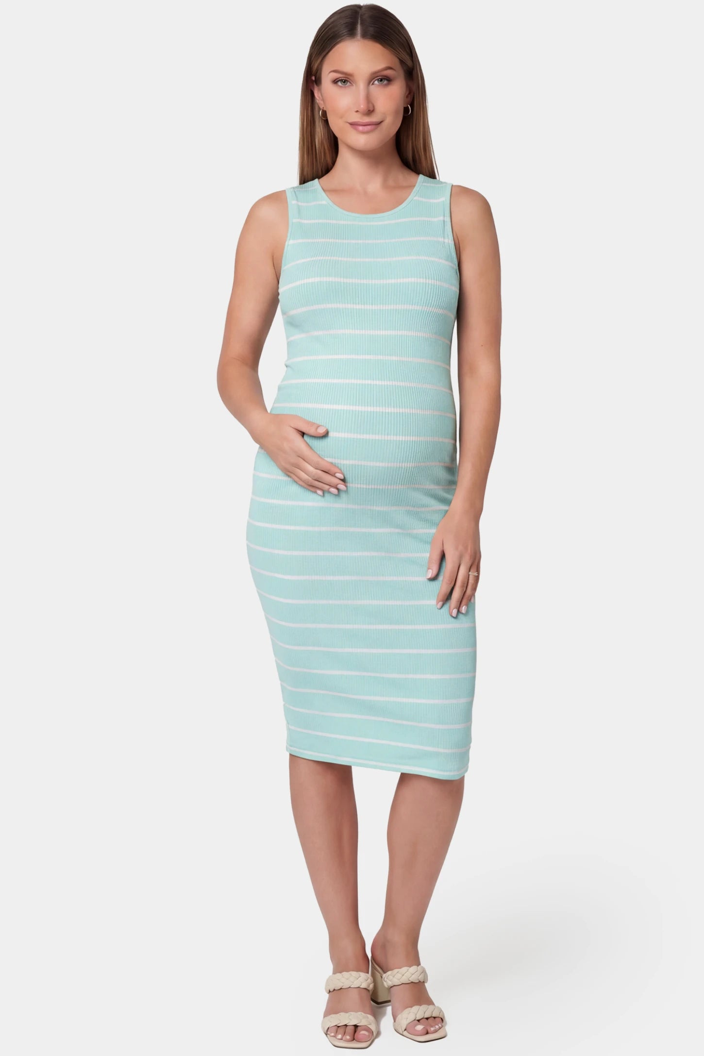 Striped Sleeveless Crew Neck Midi Maternity Dress Striped sleeveless crew neck midi maternity dress in green featuring classic stripe pattern in front view on a pregnant model