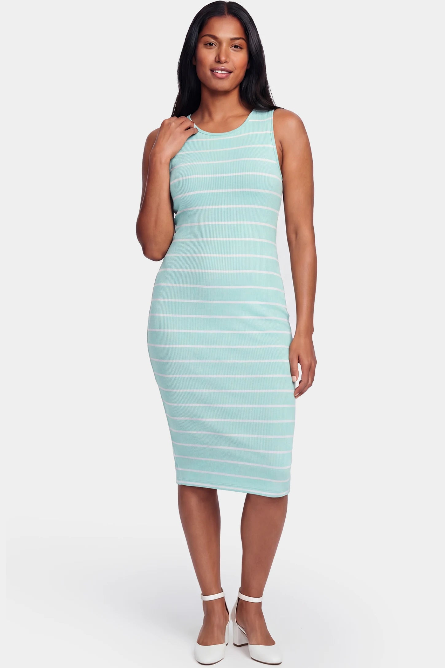 Striped Sleeveless Crew Neck Midi Maternity Dress Striped sleeveless crew neck midi maternity dress in green featuring classic stripe pattern in front view on a postpartum model