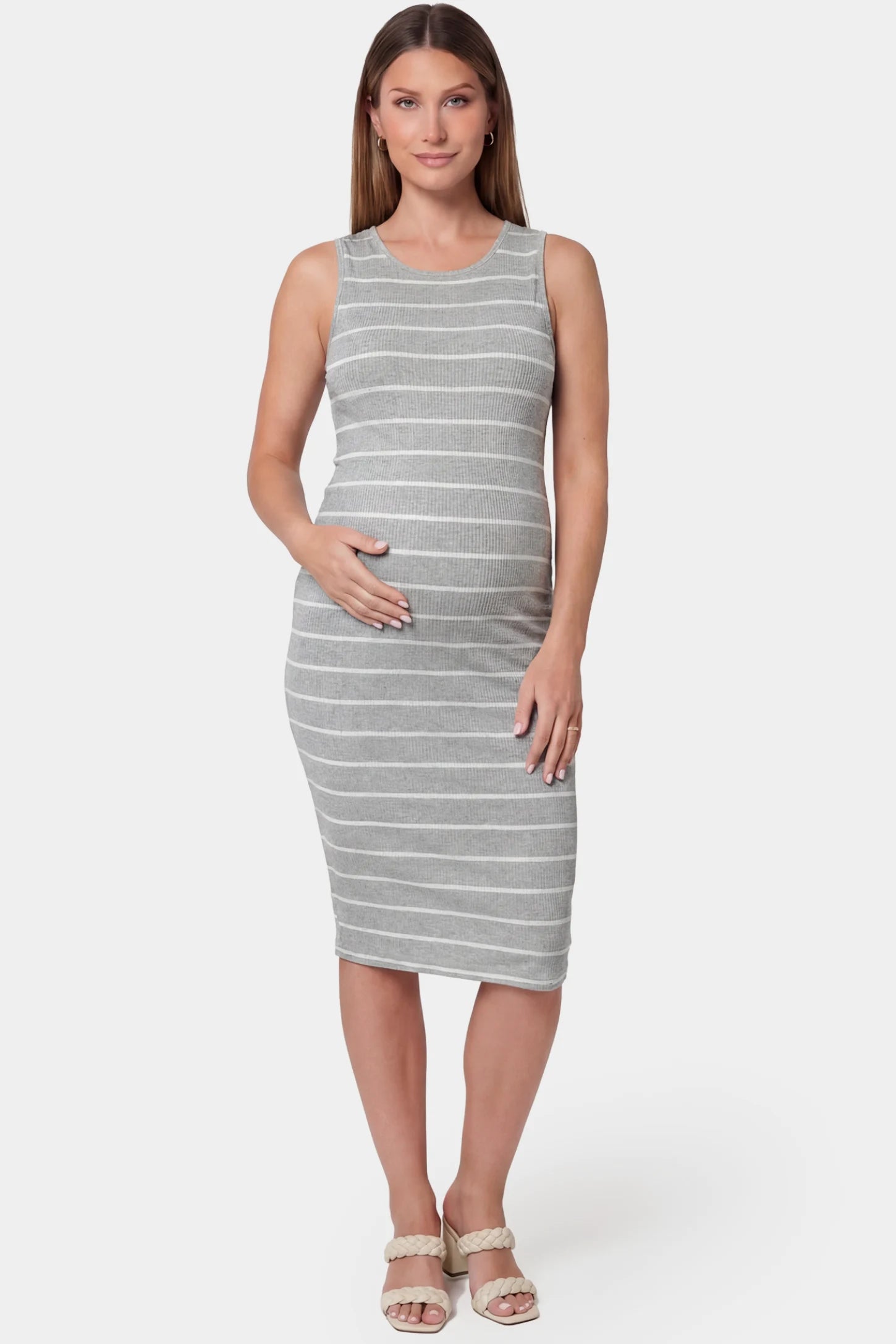 Striped Sleeveless Crew Neck Midi Maternity Dress Striped sleeveless crew neck midi maternity dress in light gray featuring classic stripe pattern in front view on a pregnant model