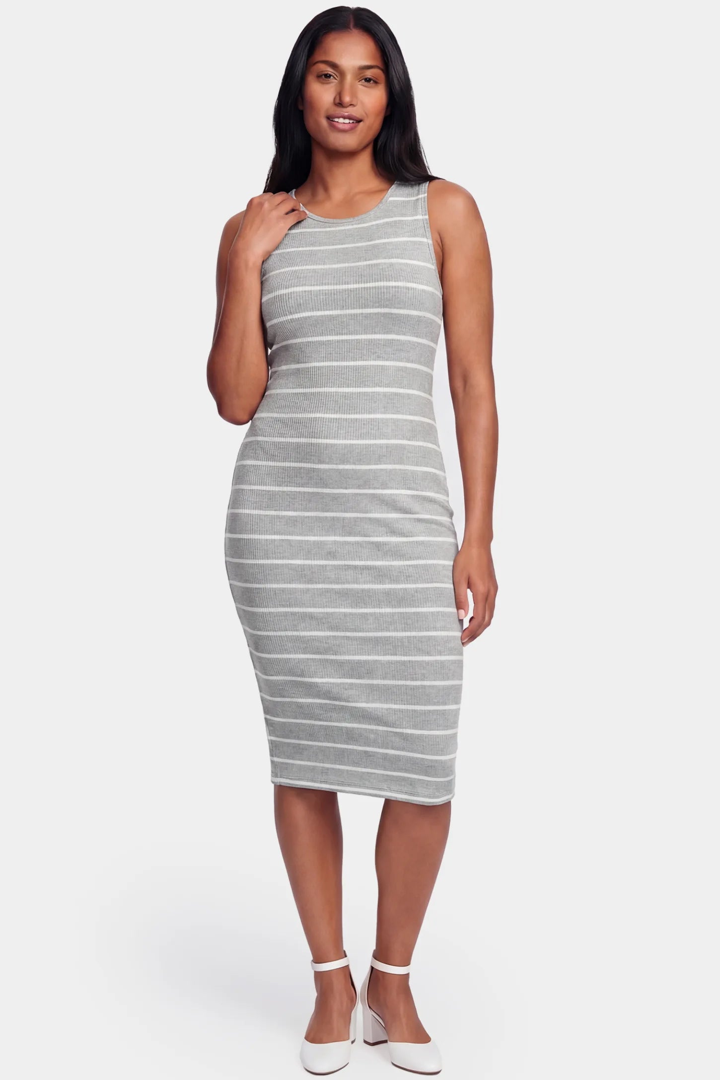 Striped Sleeveless Crew Neck Midi Maternity Dress Striped sleeveless crew neck midi maternity dress in light gray featuring classic stripe pattern in front view on a postpartum model