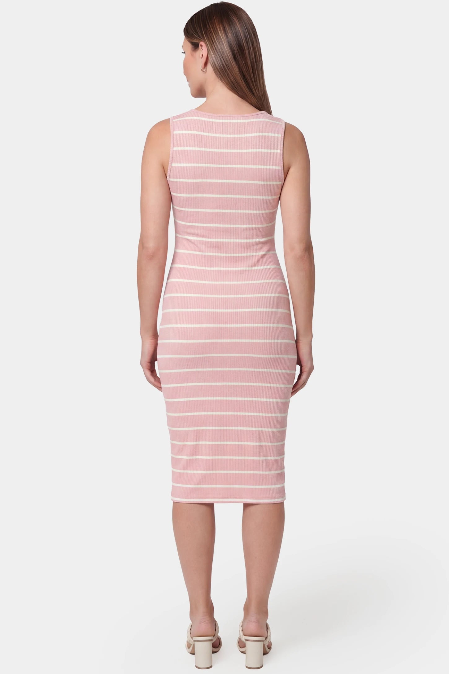 Striped Sleeveless Crew Neck Midi Maternity Dress Striped sleeveless crew neck midi maternity dress in pink featuring flowing fit in back view on a pregnant model