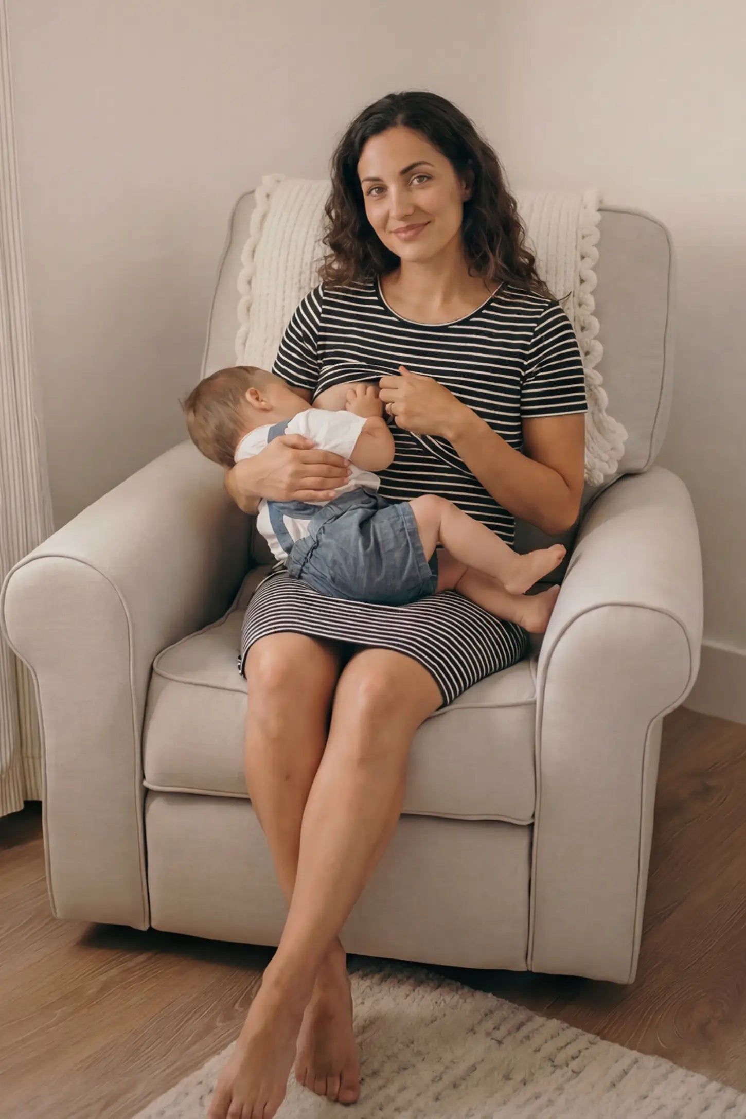 Striped Print Lift-Up Layers Maternity & Nursing Dress Striped print lift-up layers maternity and nursing dress in black with lift-up nursing layers, UGC view 