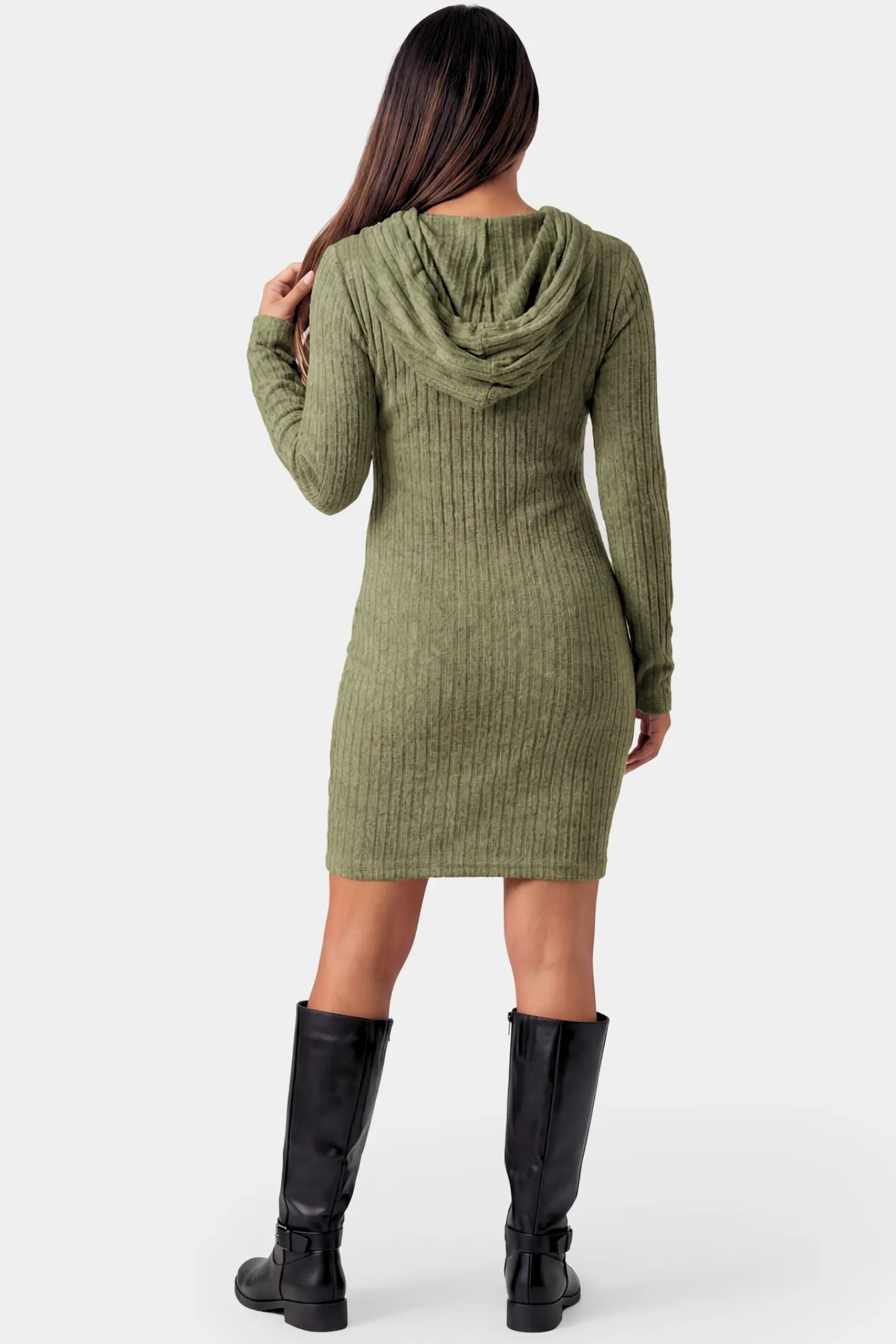 Ribbed Knit Hooded Maternity Sweater Short Dress Ribbed Knit Hooded Maternity Sweater Short Dress in army green featuring hood and bodycon silhouette on a pregnant model.