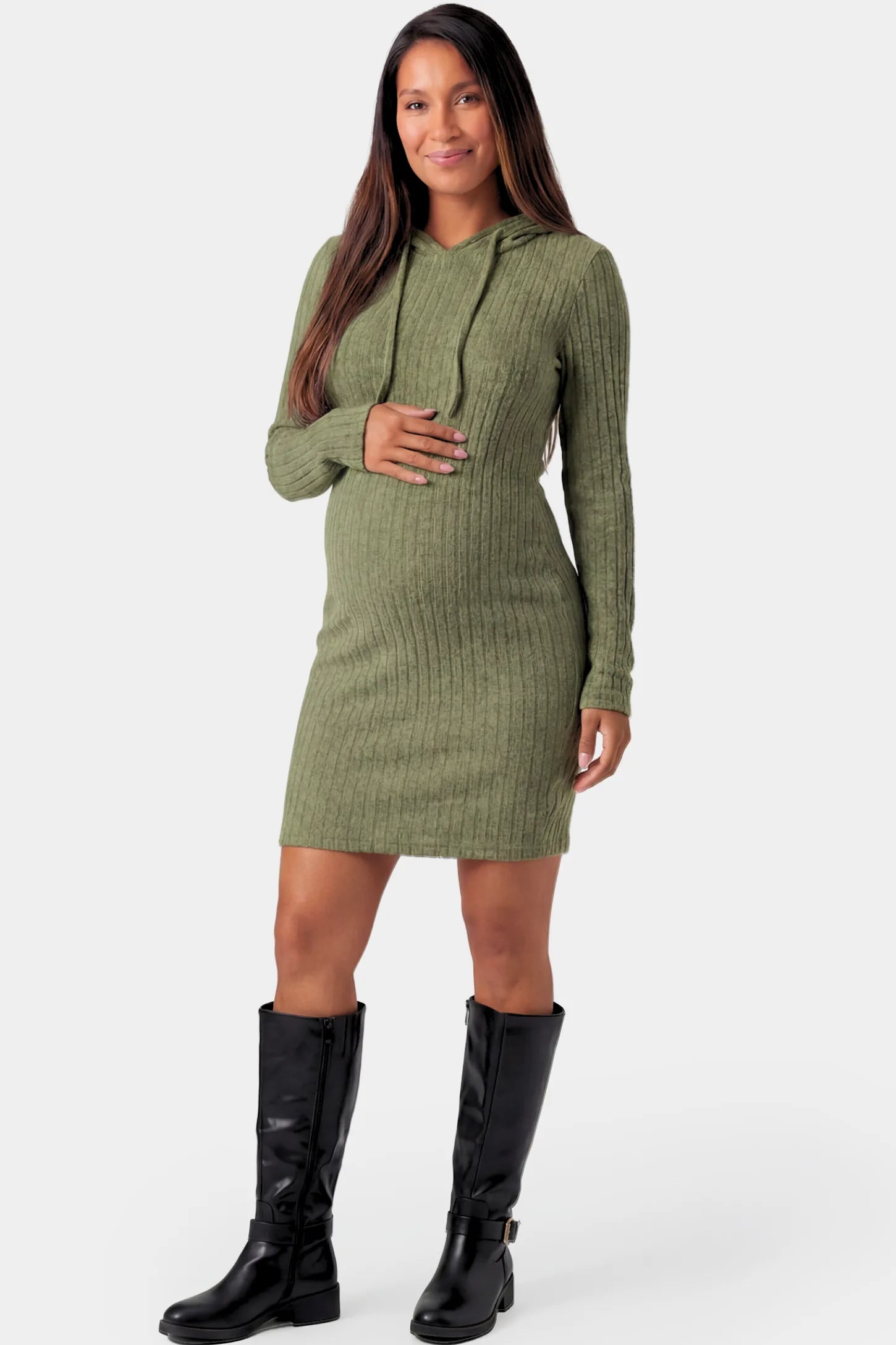 Ribbed Knit Hooded Maternity Sweater Short Dress Ribbed Knit Hooded Maternity Sweater Short Dress in army green featuring drawstring hood and bodycon silhouette on a pregnant model.