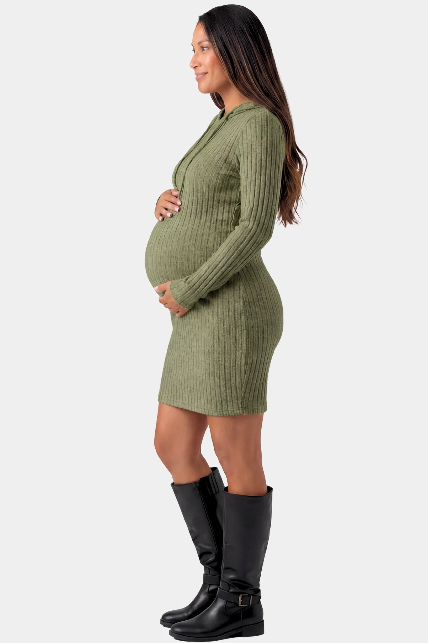 Ribbed Knit Hooded Maternity Sweater Short Dress Ribbed Knit Hooded Maternity Sweater Short Dress in army green featuring drawstring hood and bodycon silhouette on a pregnant model.