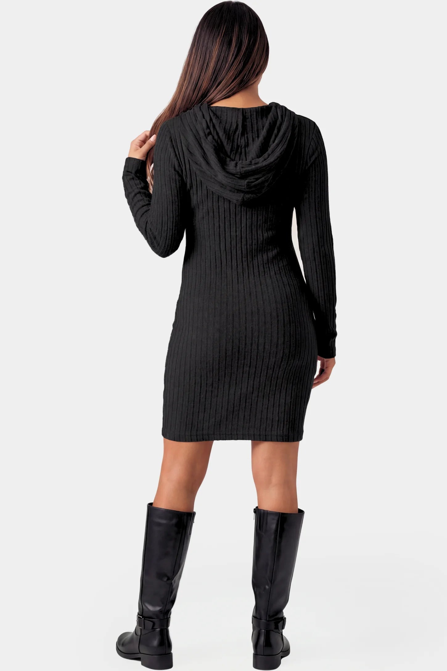 Ribbed Knit Hooded Maternity Sweater Short Dress Ribbed Knit Hooded Maternity Sweater Short Dress in black featuring hood and bodycon silhouette on a pregnant model.