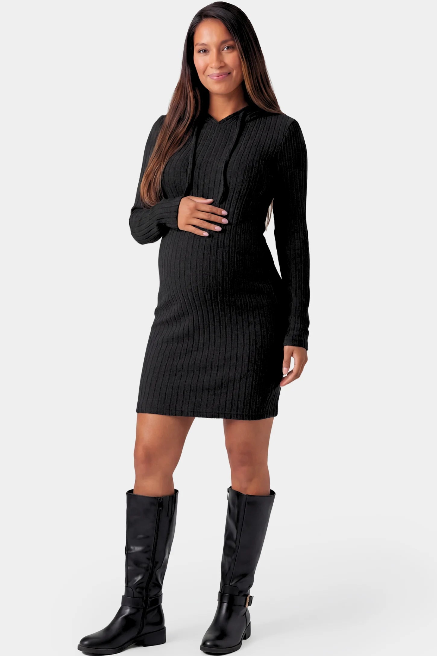 Ribbed Knit Hooded Maternity Sweater Short Dress Ribbed Knit Hooded Maternity Sweater Short Dress in black featuring drawstring hood and bodycon silhouette on a pregnant model.