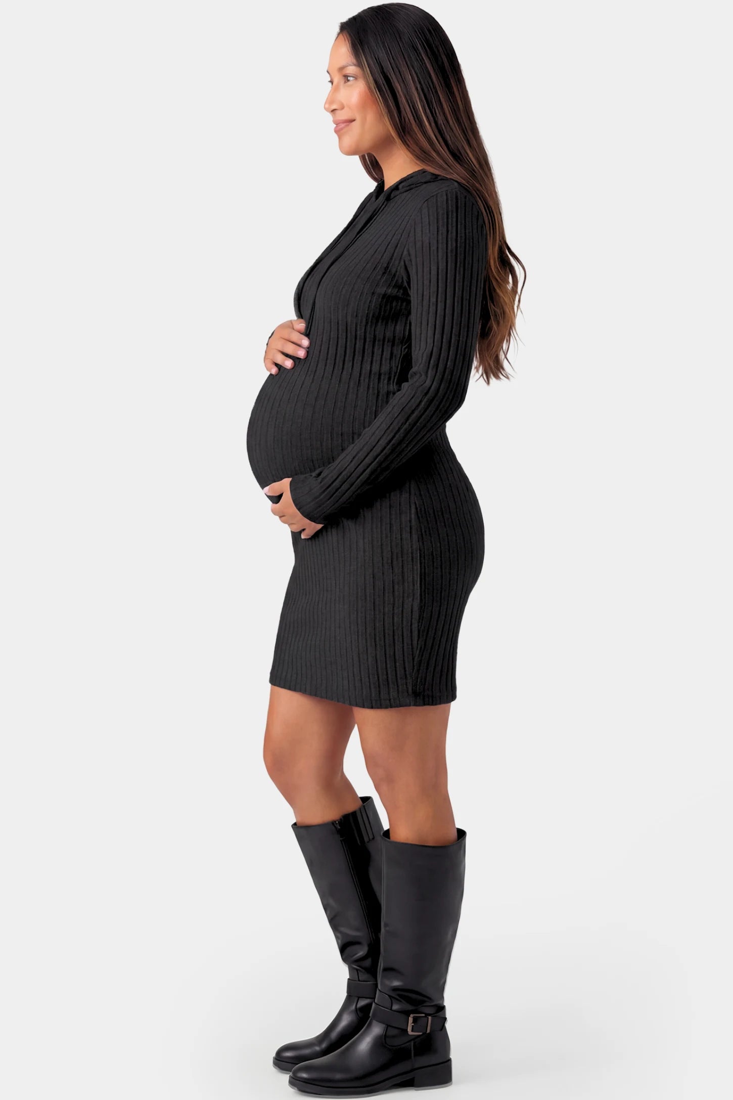 Ribbed Knit Hooded Maternity Sweater Short Dress Ribbed Knit Hooded Maternity Sweater Short Dress in black featuring drawstring hood and bodycon silhouette on a pregnant model.