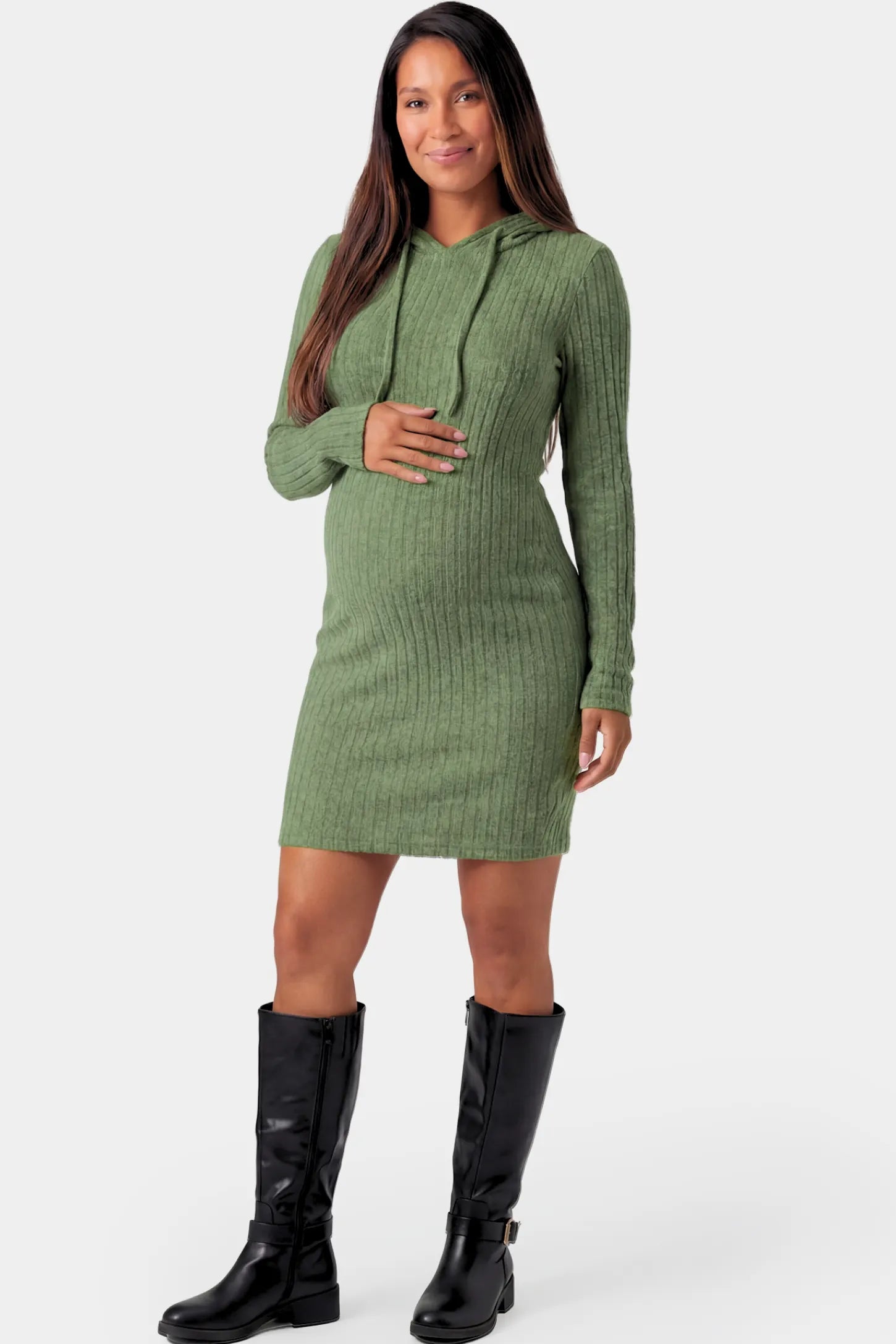 Ribbed Knit Hooded Maternity Sweater Short Dress Ribbed Knit Hooded Maternity Sweater Short Dress in green featuring drawstring hood and bodycon silhouette on a pregnant model.
