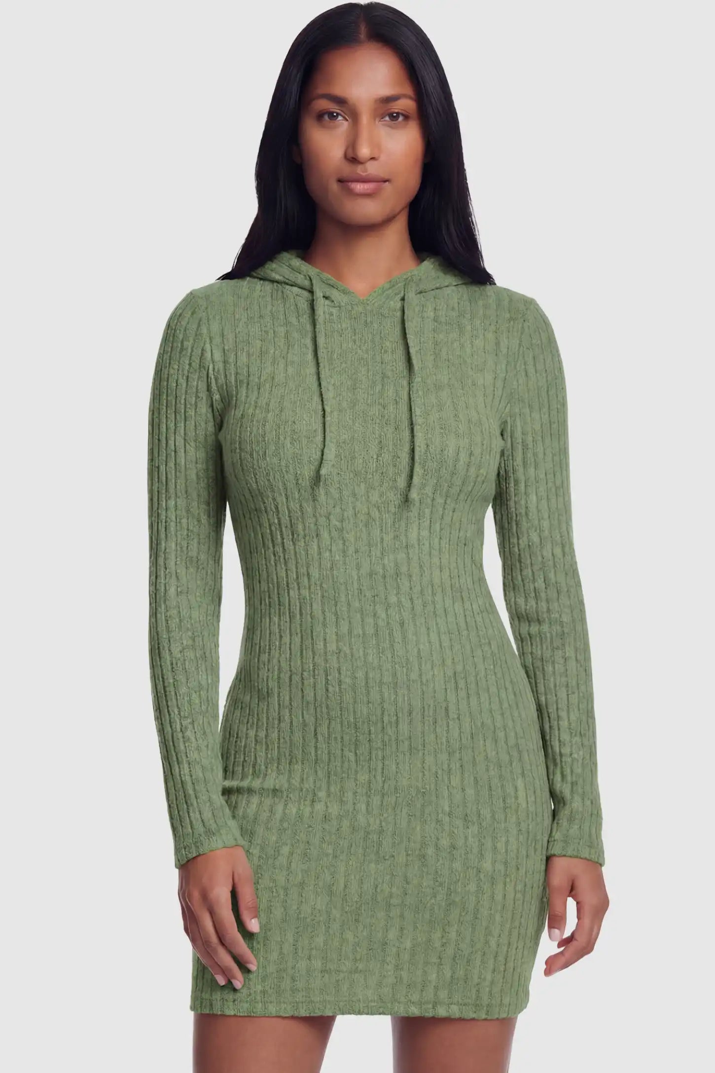 Ribbed Knit Hooded Maternity Sweater Mini Dress Ribbed Knit Hooded Maternity Sweater Short Dress in green featuring drawstring hood and bodycon silhouette on a non pregnant model.