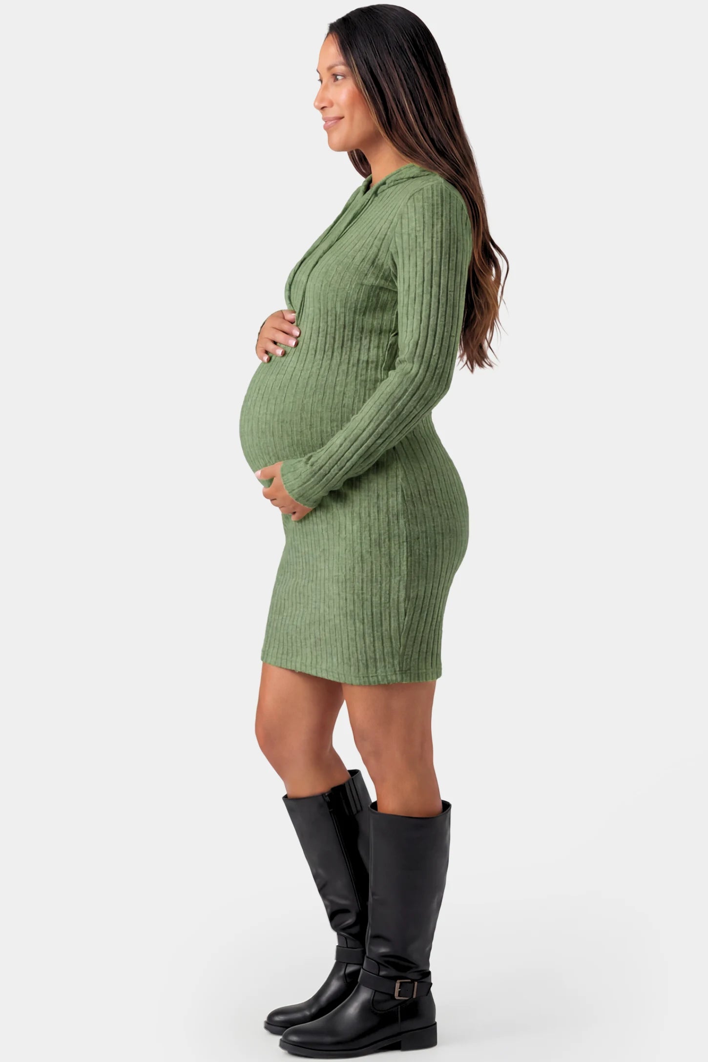 Ribbed Knit Hooded Maternity Sweater Short Dress Ribbed Knit Hooded Maternity Sweater Short Dress in green featuring drawstring hood and bodycon silhouette on a pregnant model.