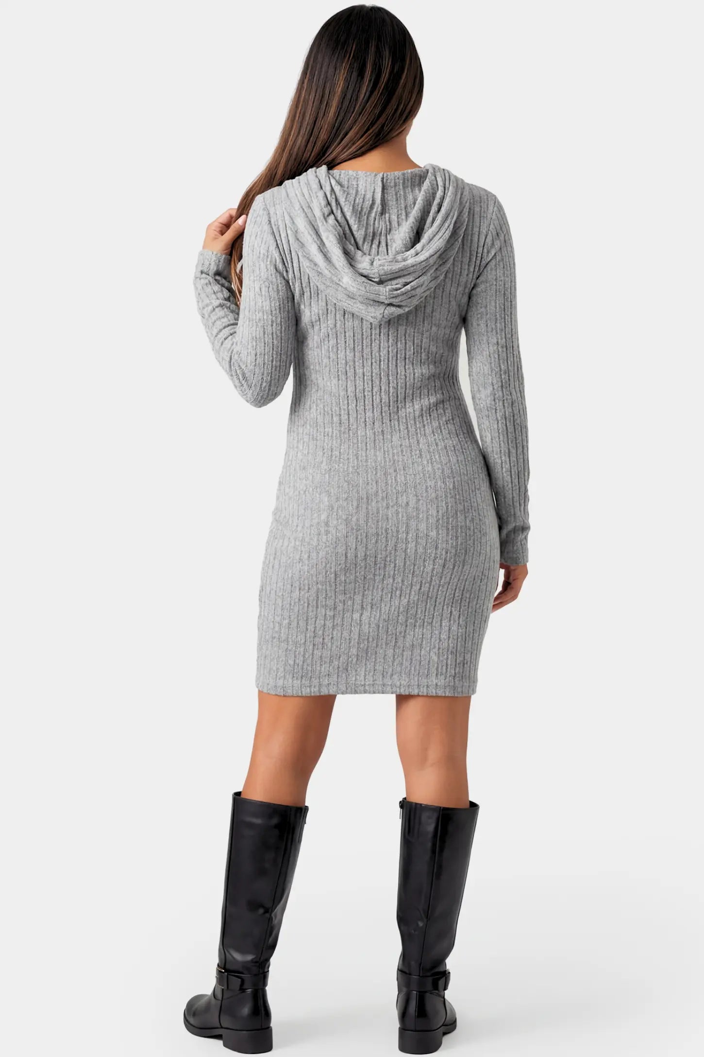 Ribbed Knit Hooded Maternity Sweater Short Dress Ribbed Knit Hooded Maternity Sweater Short Dress in light gray featuring hood and bodycon silhouette on a pregnant model.