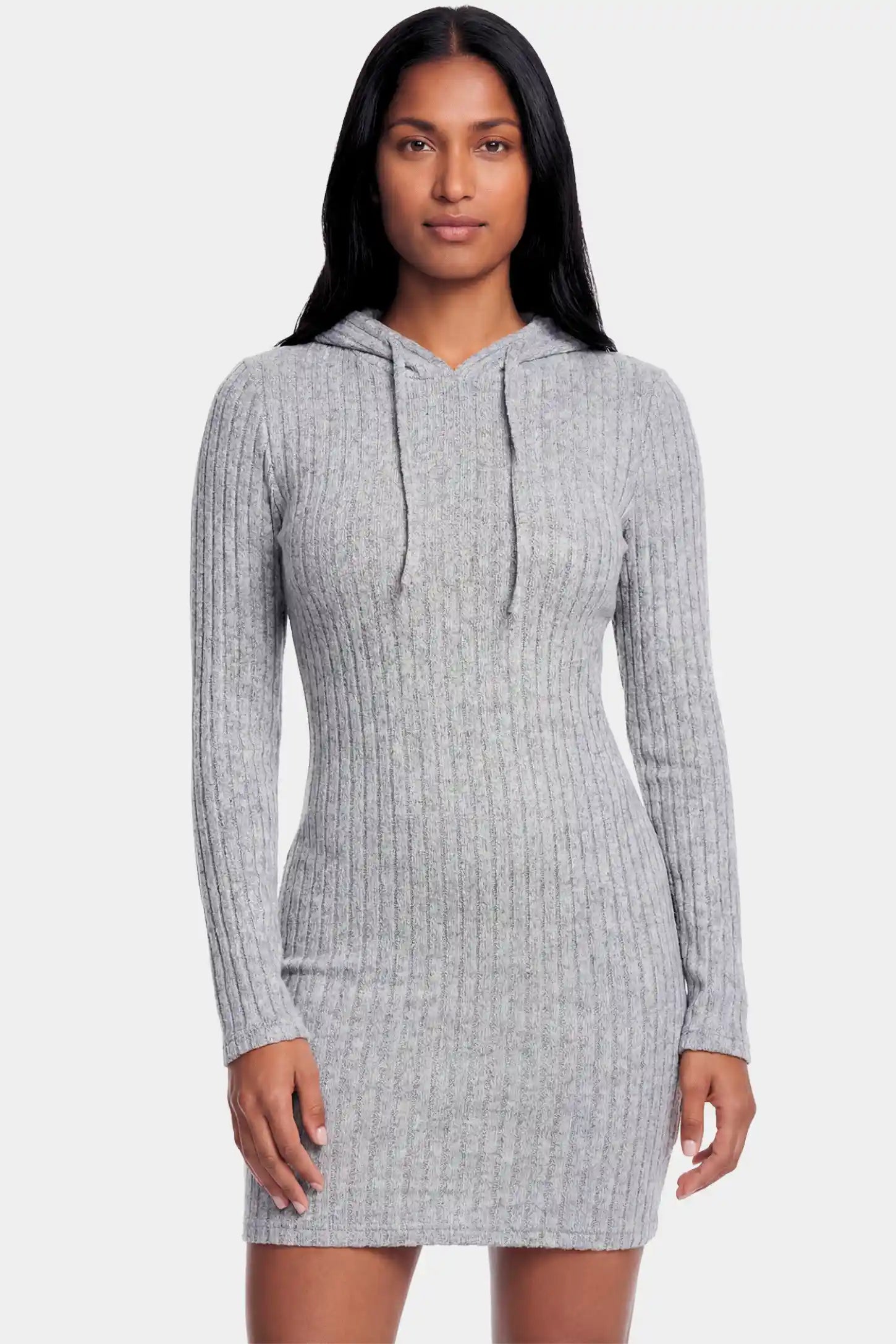 Ribbed Knit Hooded Maternity Sweater Short Dress Ribbed Knit Hooded Maternity Sweater Short Dress in light gray featuring drawstring hood and bodycon silhouette on a non pregnant model.