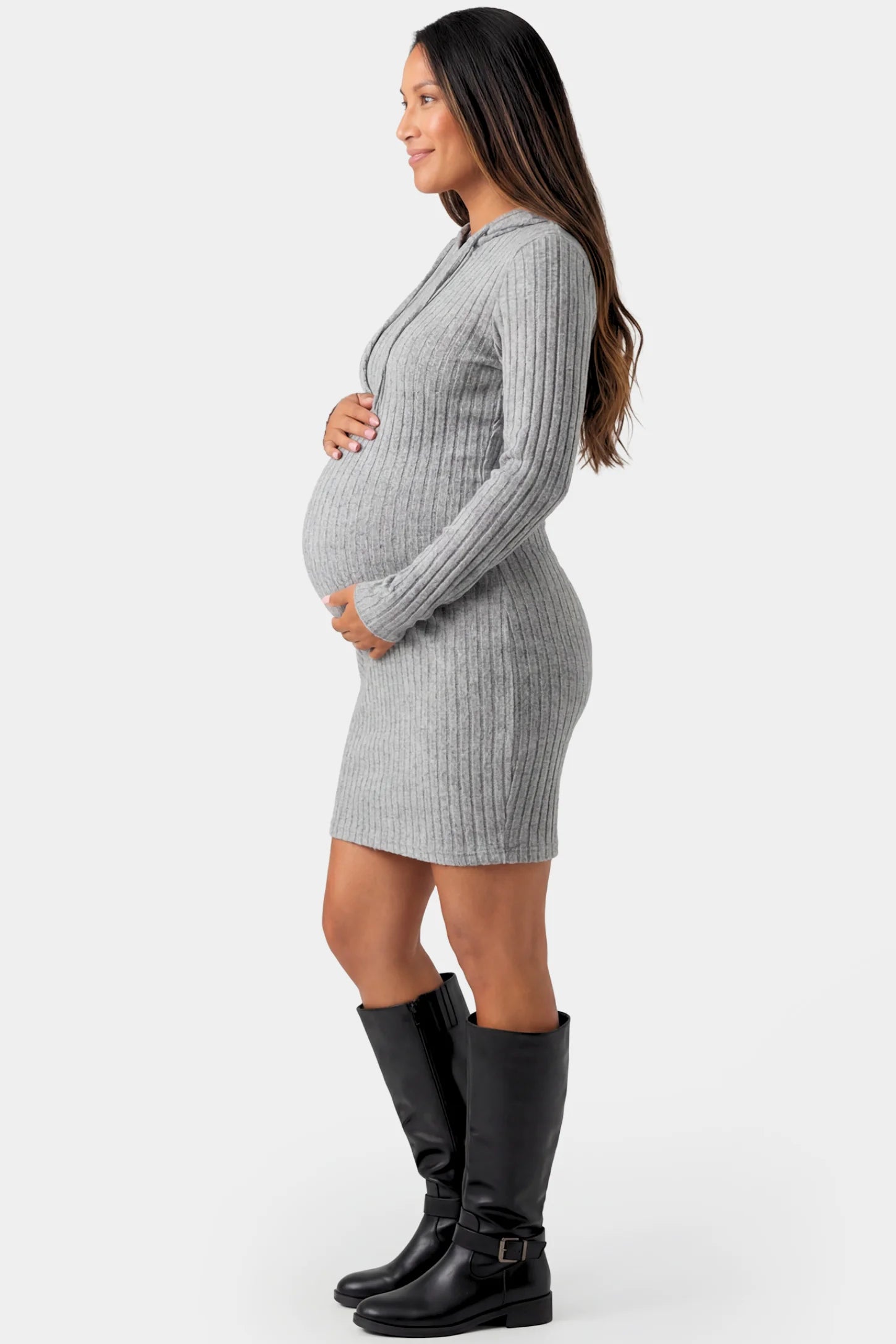 Ribbed Knit Hooded Maternity Sweater Short Dress in light gray featuring drawstring hood and bodycon silhouette on a pregnant model.