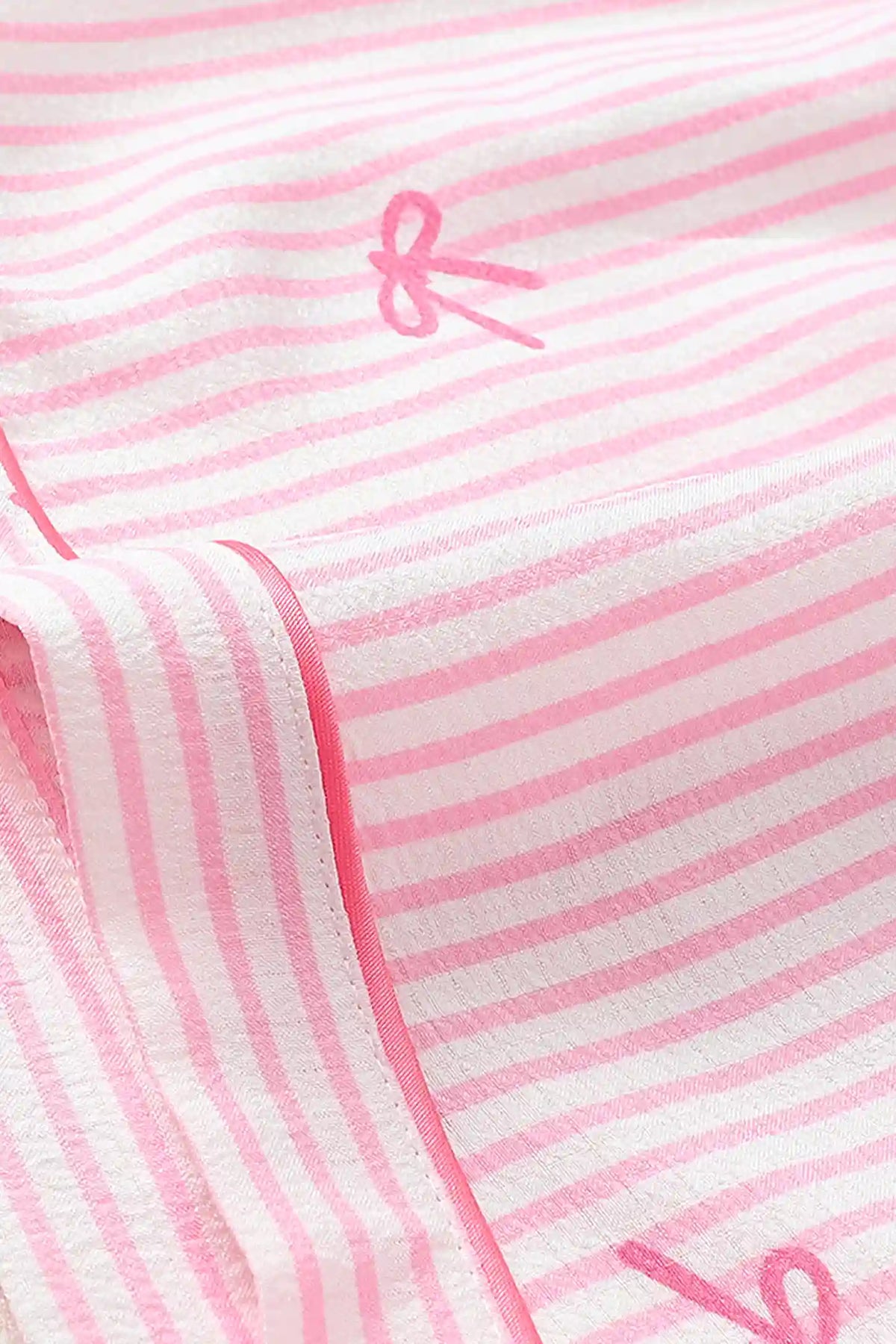 Sweet Ribbon Stripe Cotton Maternity PJ Set with Shorts & Pants Sweet Ribbon Stripe Cotton Maternity Pajama Set with Shorts & Pants in Pink Striped Bow featuring a close-up view of the pink striped pattern, ribbon bow print details, and lightweight breathable fabric texture.