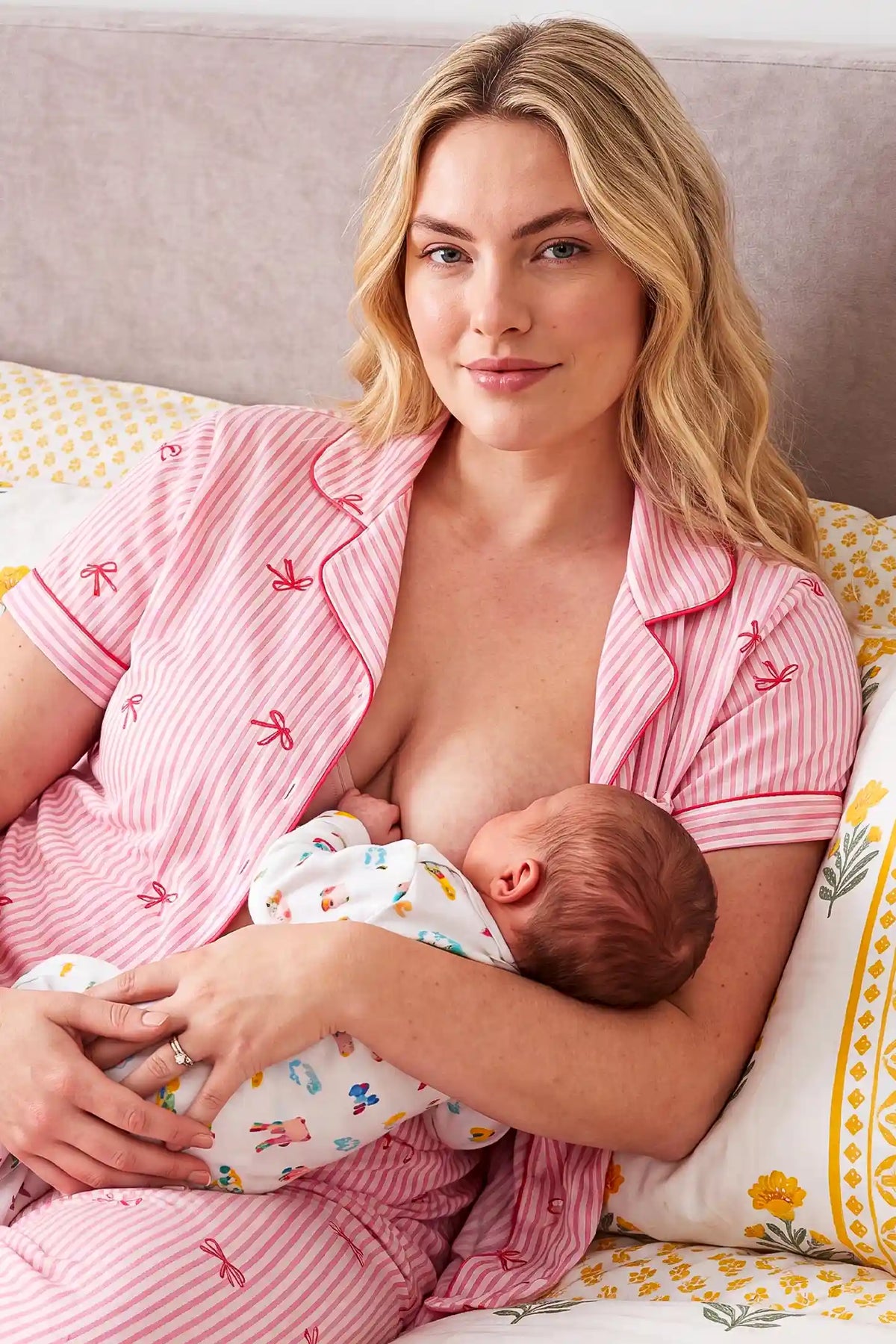 Sweet Ribbon Stripe Cotton Maternity PJ Set with Shorts & Pants Sweet Ribbon Stripe Cotton Maternity Pajama Set with Shorts & Pants in Pink Striped Bow featuring a soft striped pattern, breathable cotton fabric, relaxed maternity fit, and comfortable homewear style on a pregnant model in a lifestyle setting.