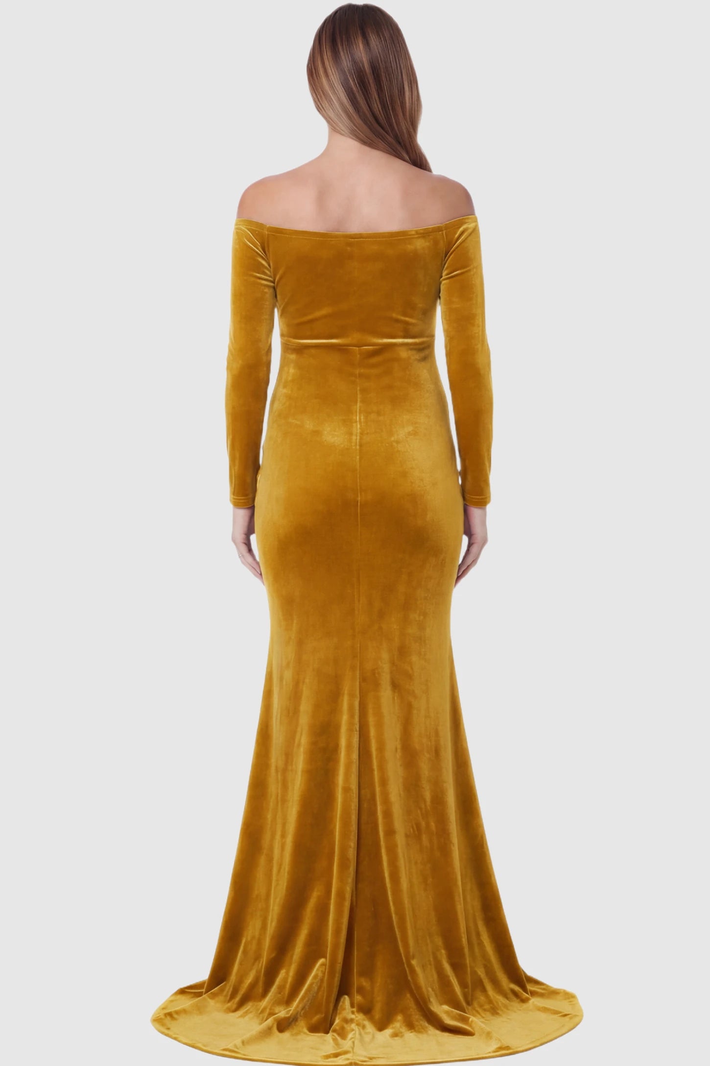 Velvet Long Fitted Sleeve Maternity Gown Velvet Long Fitted Sleeve Maternity Gown in gold featuring an off-shoulder sweetheart neckline, empire waist, and mermaid skirt on pregnant model back view.