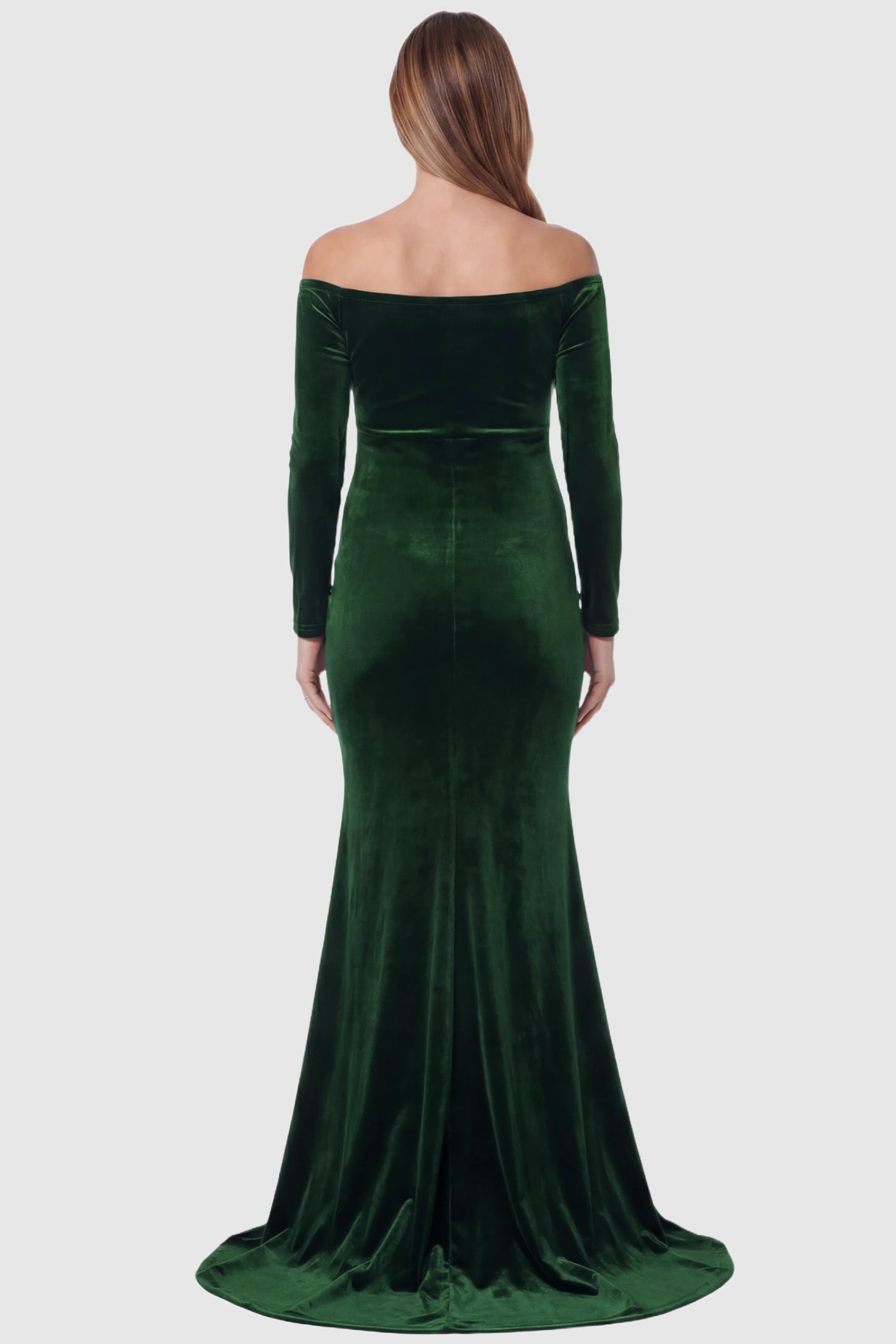 Velvet Long Fitted Sleeve Maternity Gown Velvet Long Fitted Sleeve Maternity Gown in green featuring an off-shoulder sweetheart neckline, draped bust, empire waist, and mermaid skirt on pregnant model back view.