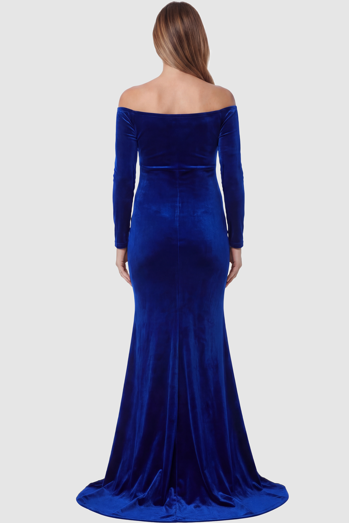 Velvet Long Fitted Sleeve Maternity Gown Velvet Long Fitted Sleeve Maternity Gown in sky blue featuring an off-shoulder sweetheart neckline, empire waist, and mermaid skirt on pregnant model back view.