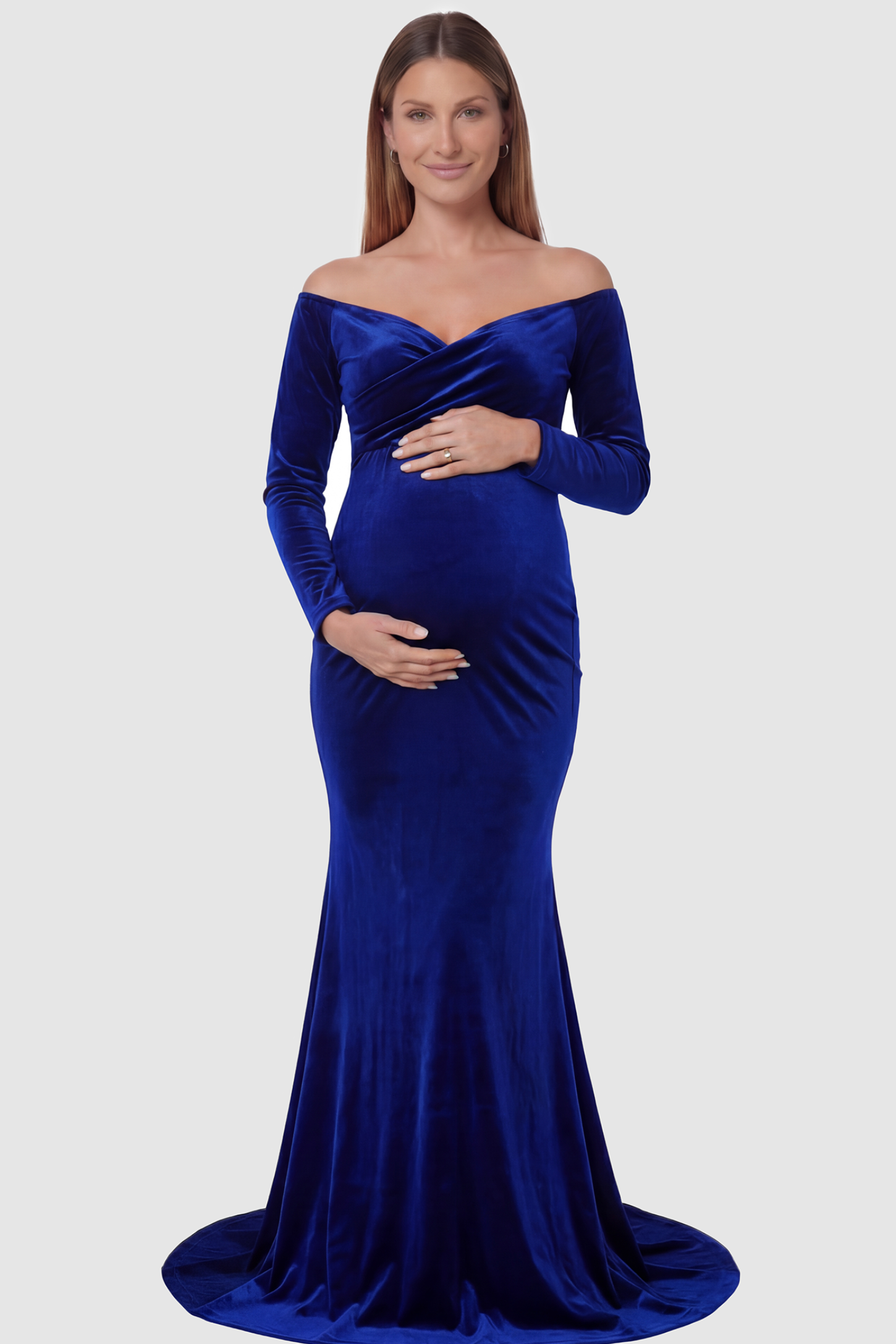 Velvet Long Fitted Sleeve Maternity Gown Velvet Long Fitted Sleeve Maternity Gown in sky blue featuring an off-shoulder sweetheart neckline, draped bust, empire waist, and mermaid skirt on pregnant model front view.
