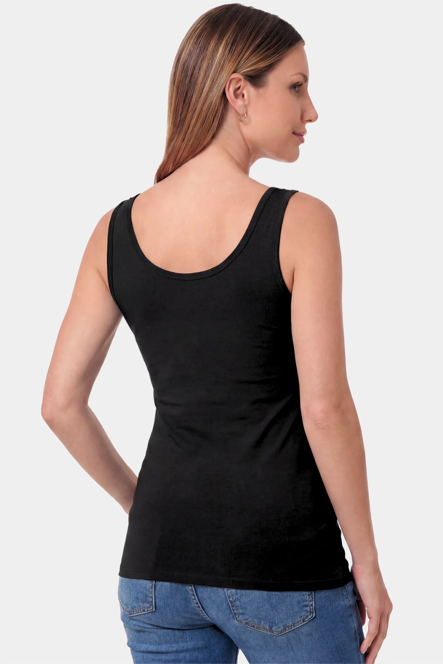 Basic Maternity & Nursing Tank Top Basic Maternity & Nursing Tank Top in black featuring a scoop neck and smooth, body-hugging fit on a pregnant model.
