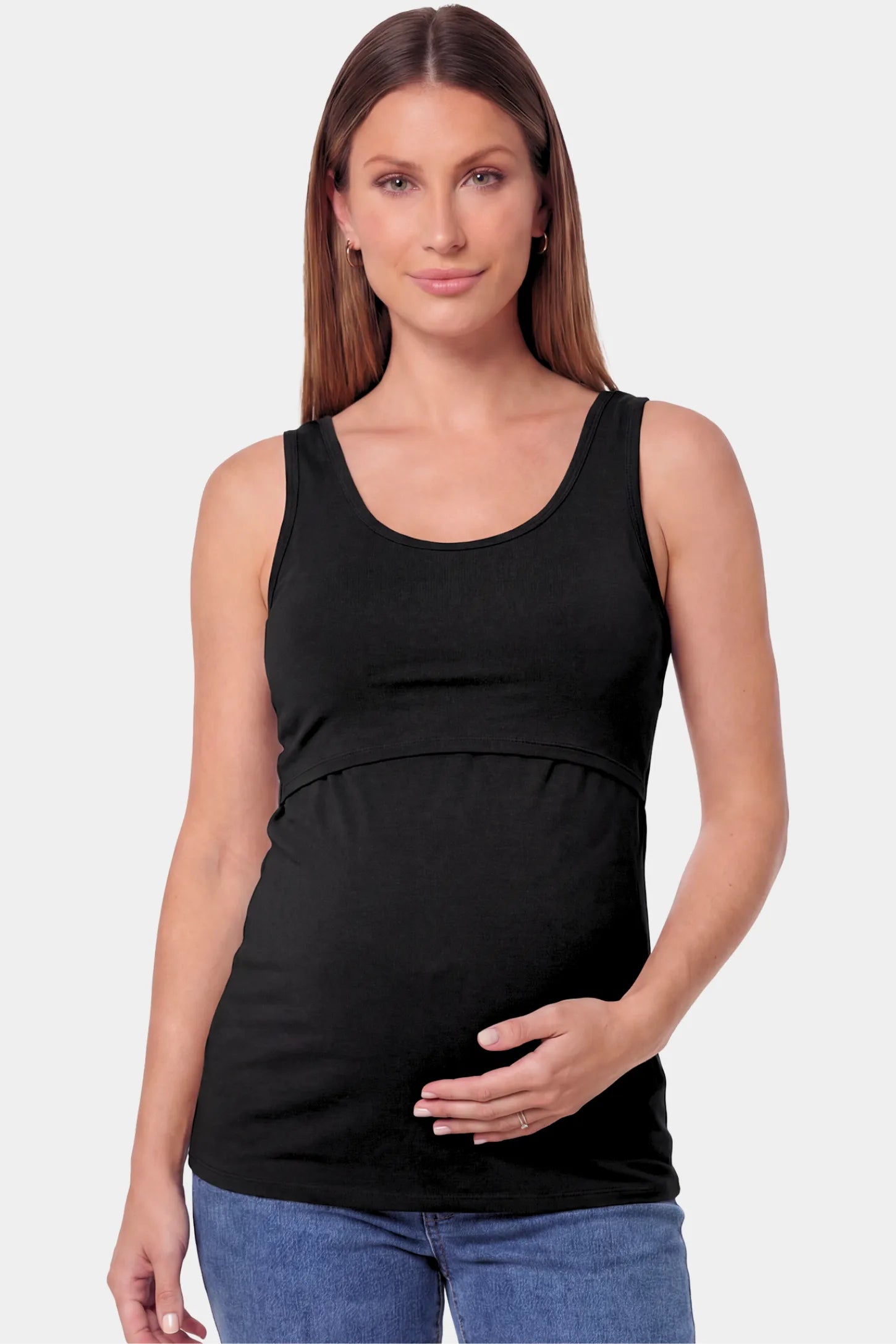 Basic Maternity & Nursing Tank Top Basic Maternity & Nursing Tank Top in black featuring a scoop neck and smooth, body-hugging fit on a pregnant model.