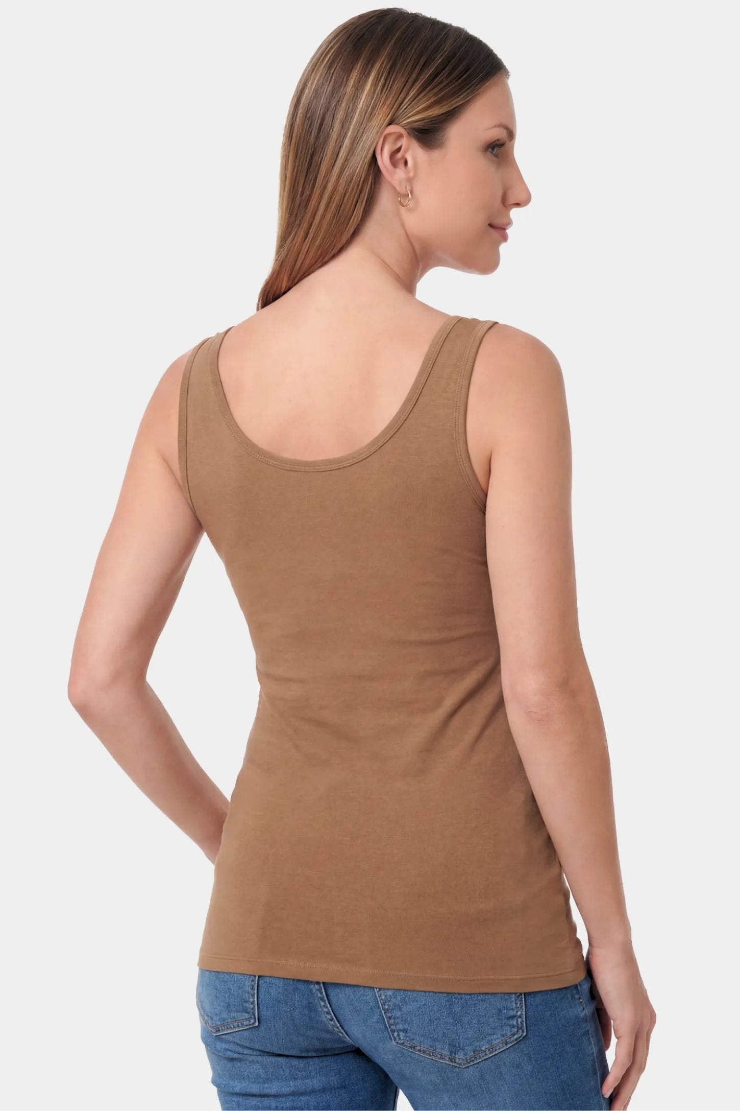 Basic Maternity & Nursing Tank Top Basic Maternity & Nursing Tank Top in coffee featuring a scoop neck and smooth, body-hugging fit on a pregnant model.