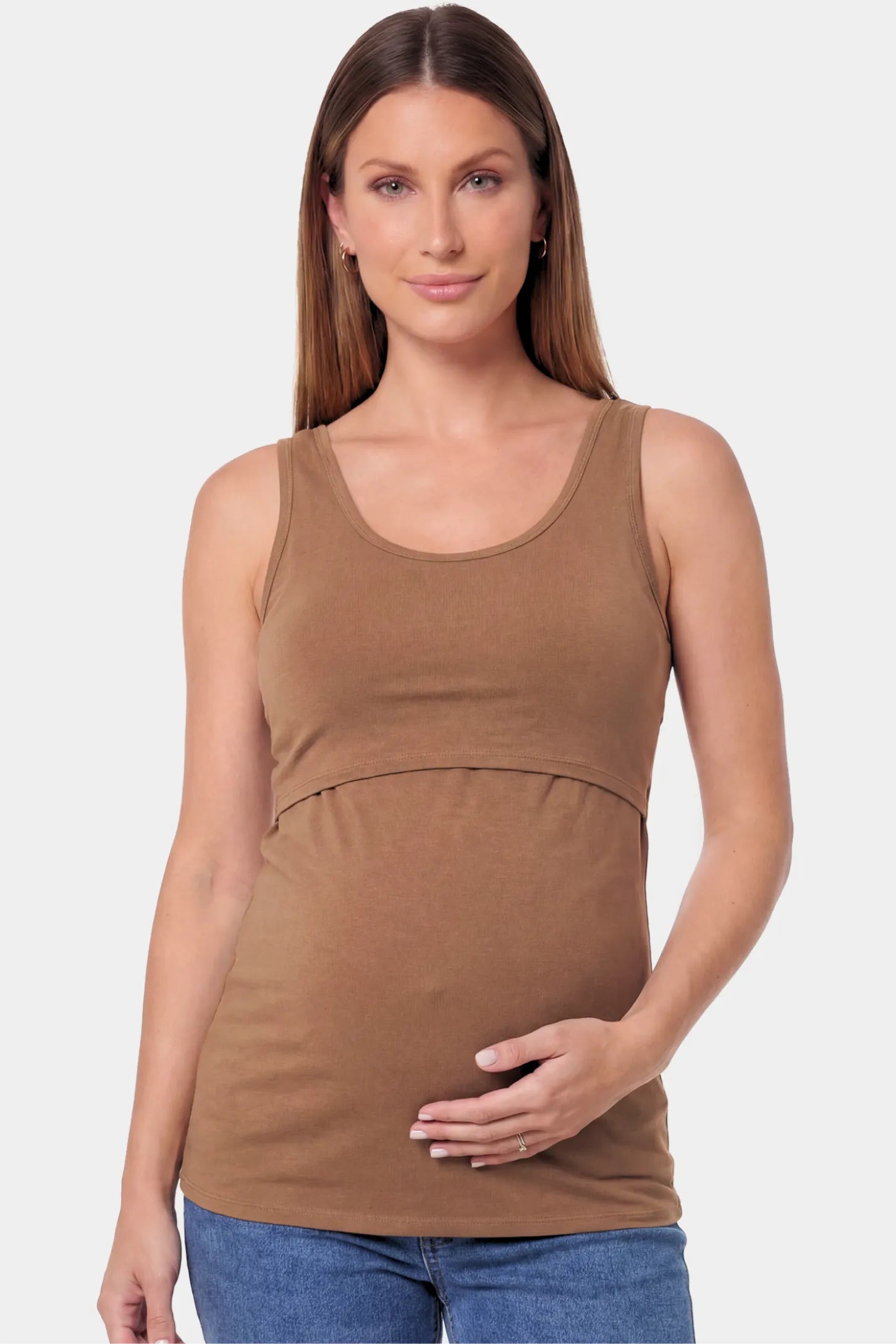Basic Maternity & Nursing Tank Top Basic Maternity & Nursing Tank Top in coffee featuring a scoop neck and smooth, body-hugging fit on a pregnant model.