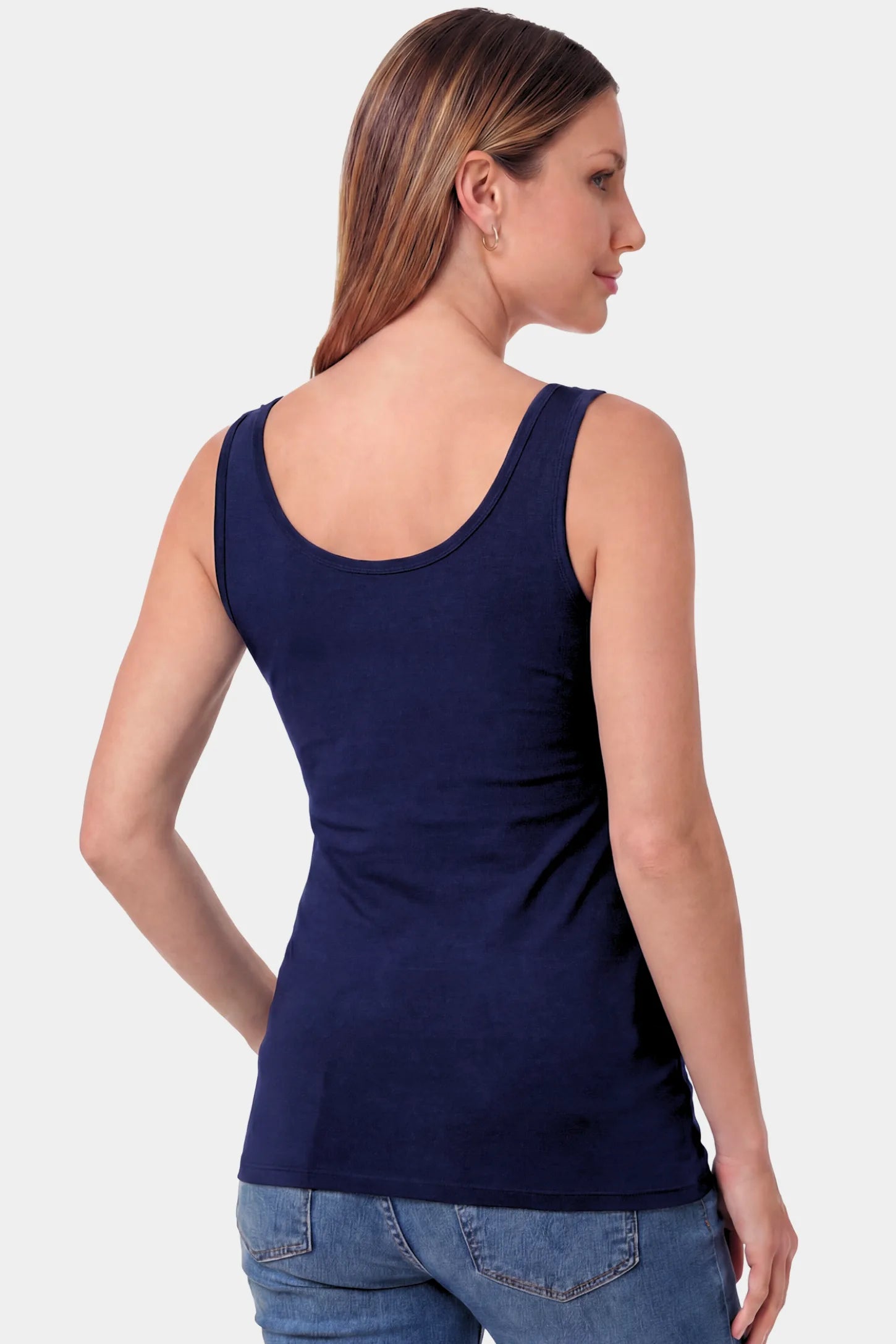 Basic Maternity & Nursing Tank Top Basic Maternity & Nursing Tank Top in dark blue featuring a scoop neck and smooth, body-hugging fit on a pregnant model.