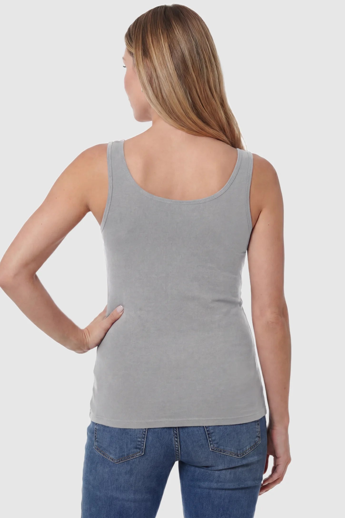 Basic Maternity & Nursing Tank Top Basic Maternity & Nursing Tank Top in gray featuring a scoop neck and smooth, body-hugging fit on a pregnant model, back view.