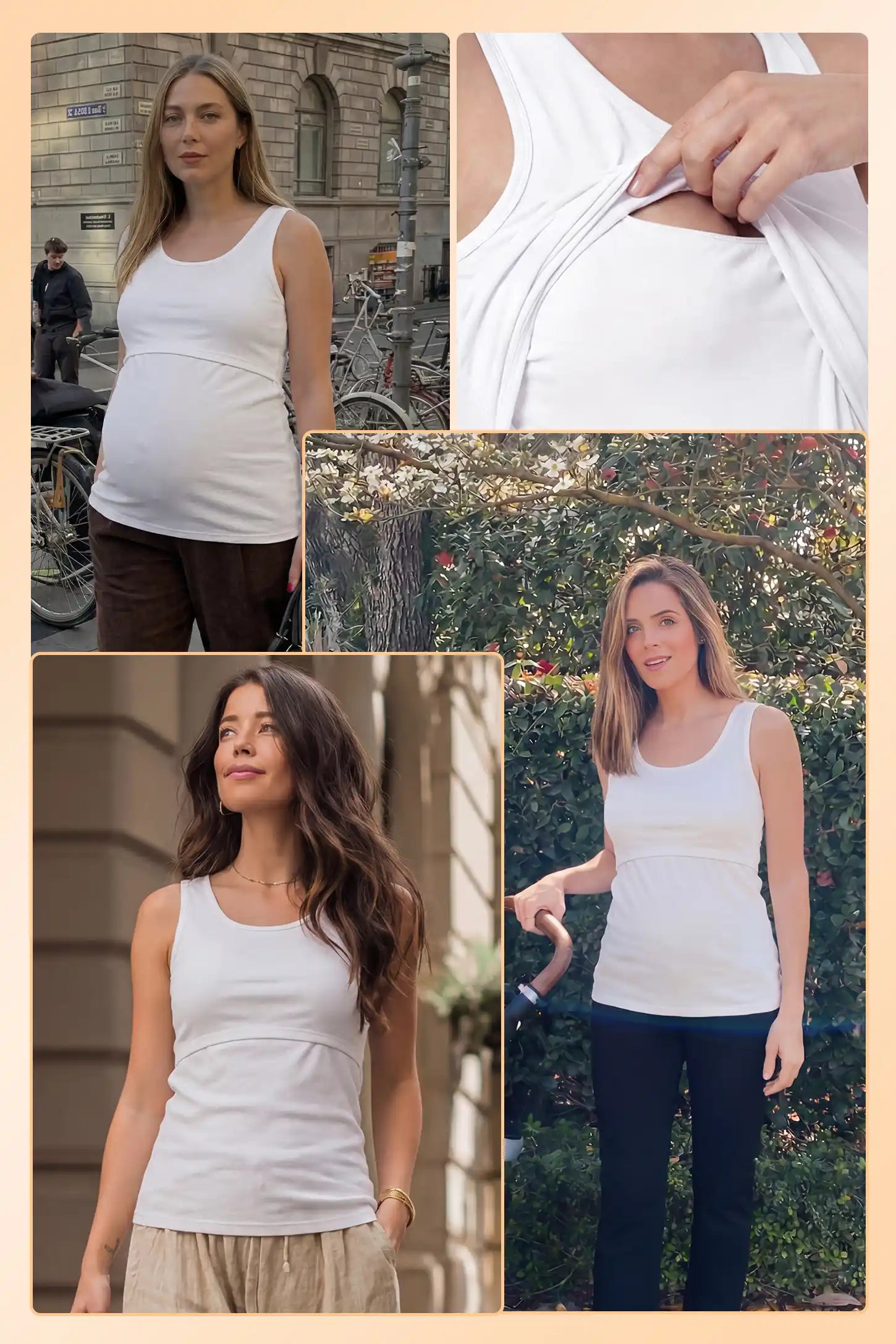 Basic Maternity & Nursing Tank Top Basic Maternity & Nursing Tank Top in white featuring a scoop neck and smooth, body-hugging fit on a pregnant model UGC view.