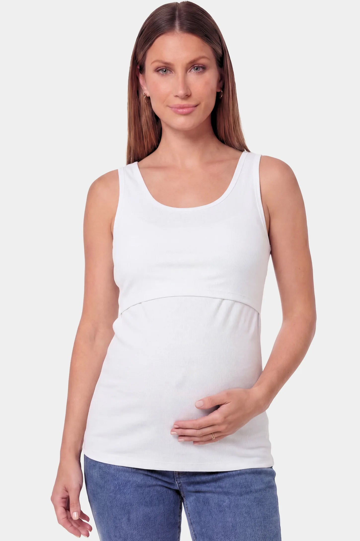 Basic Maternity & Nursing Tank Top in white featuring a scoop neck and smooth, body-hugging fit on a pregnant model.