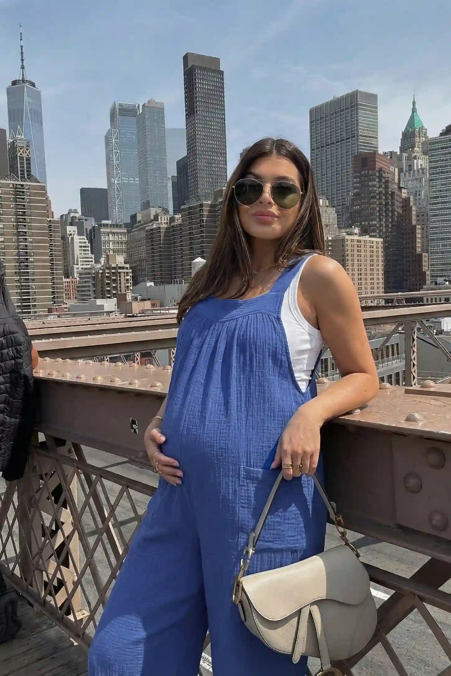 Square Neck Tie-Back Wide Leg Maternity Overalls Square Neck Tie-Back Wide Leg Maternity Overalls in royal blue featuring adjustable tie-back and wide leg silhouette on a pregnant model